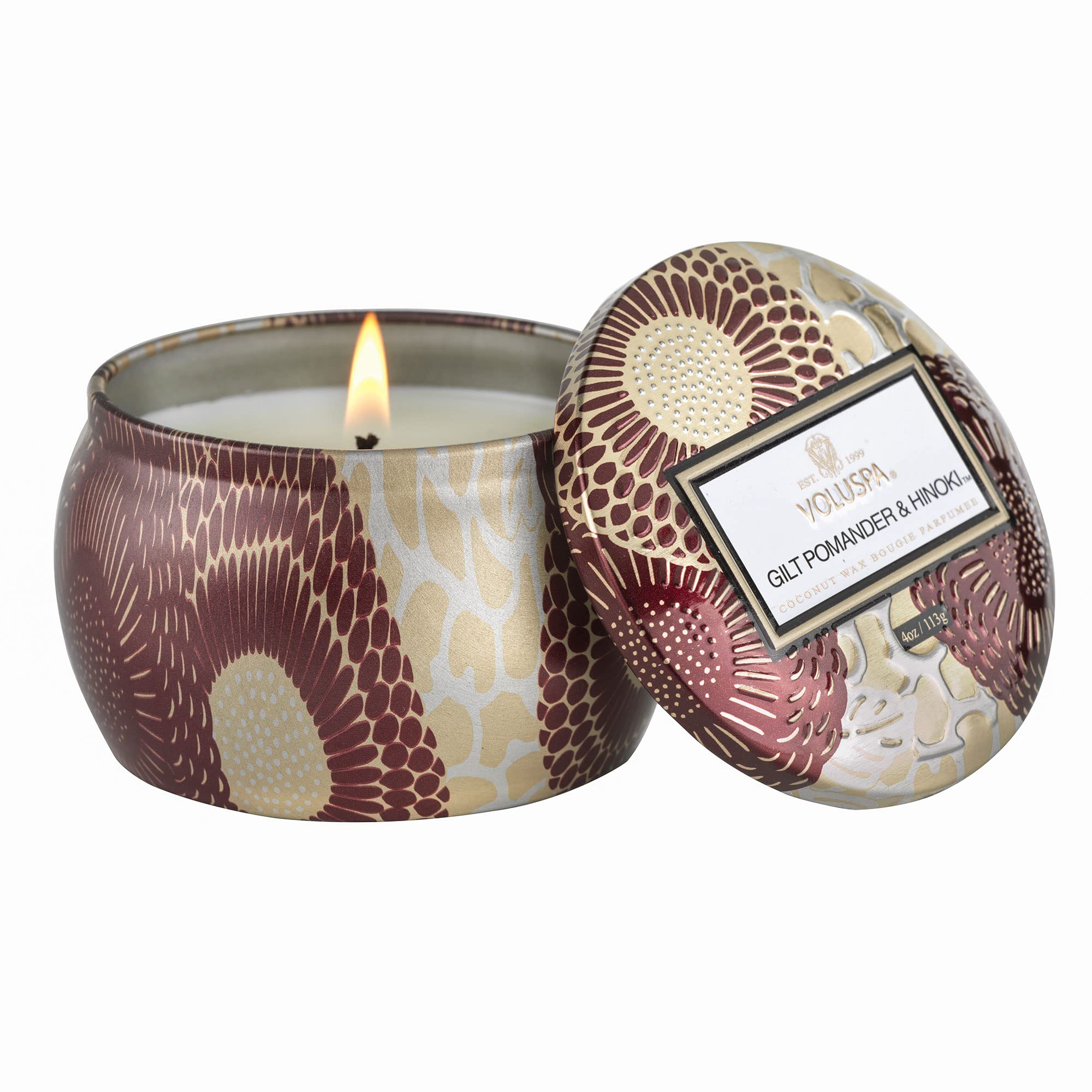 Voluspa Gilt Pomander & Hinoki Candle | Mini Tin | 4 Oz. | 25 Hour Burn Time | Coconut Wax for Clean Burning