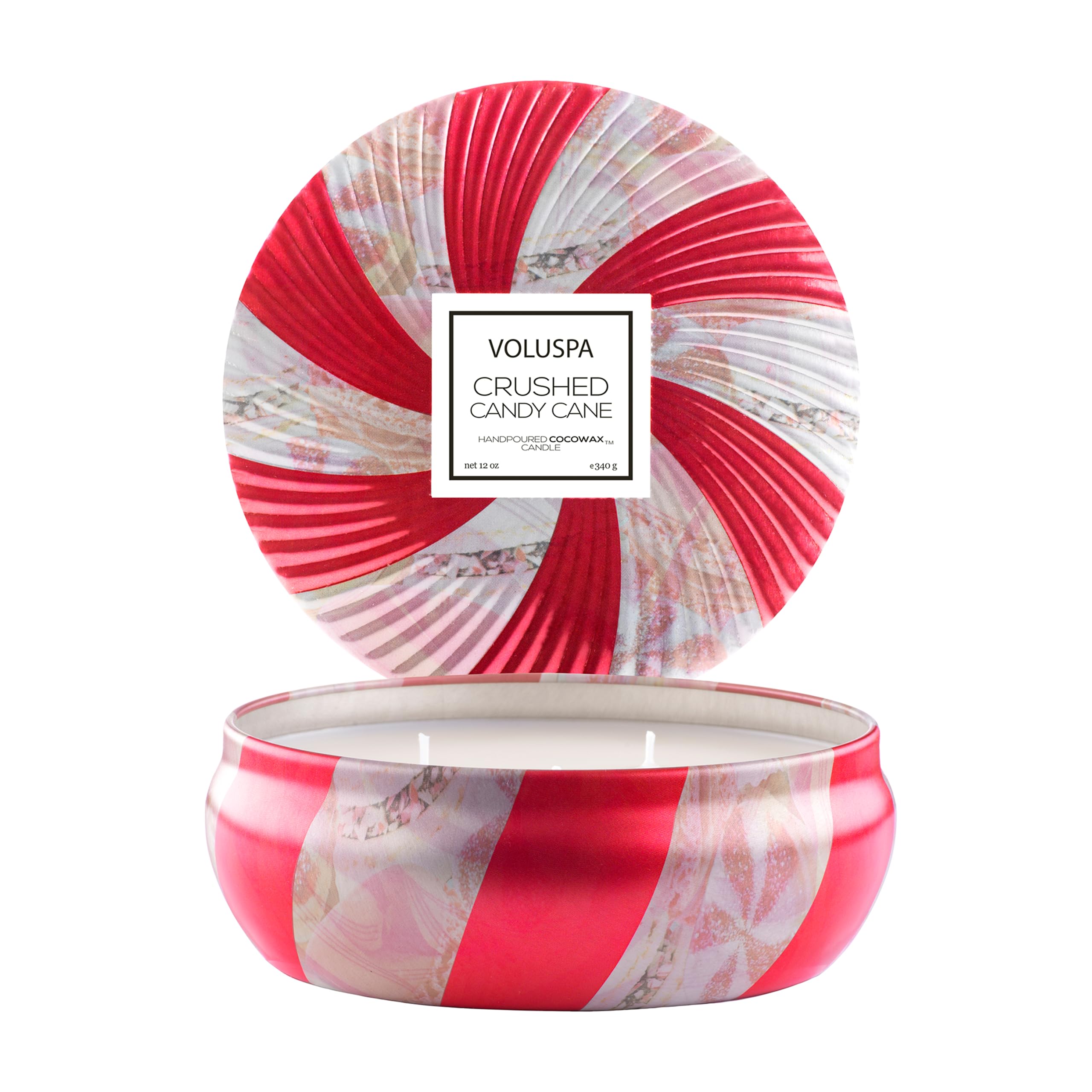 Voluspa Crushed Candy Cane, 3 Wick Tin Candle, 12 oz, 40 Hour Burn Time, Coconut Wax for Clean Burning, Handcrafted in The USA