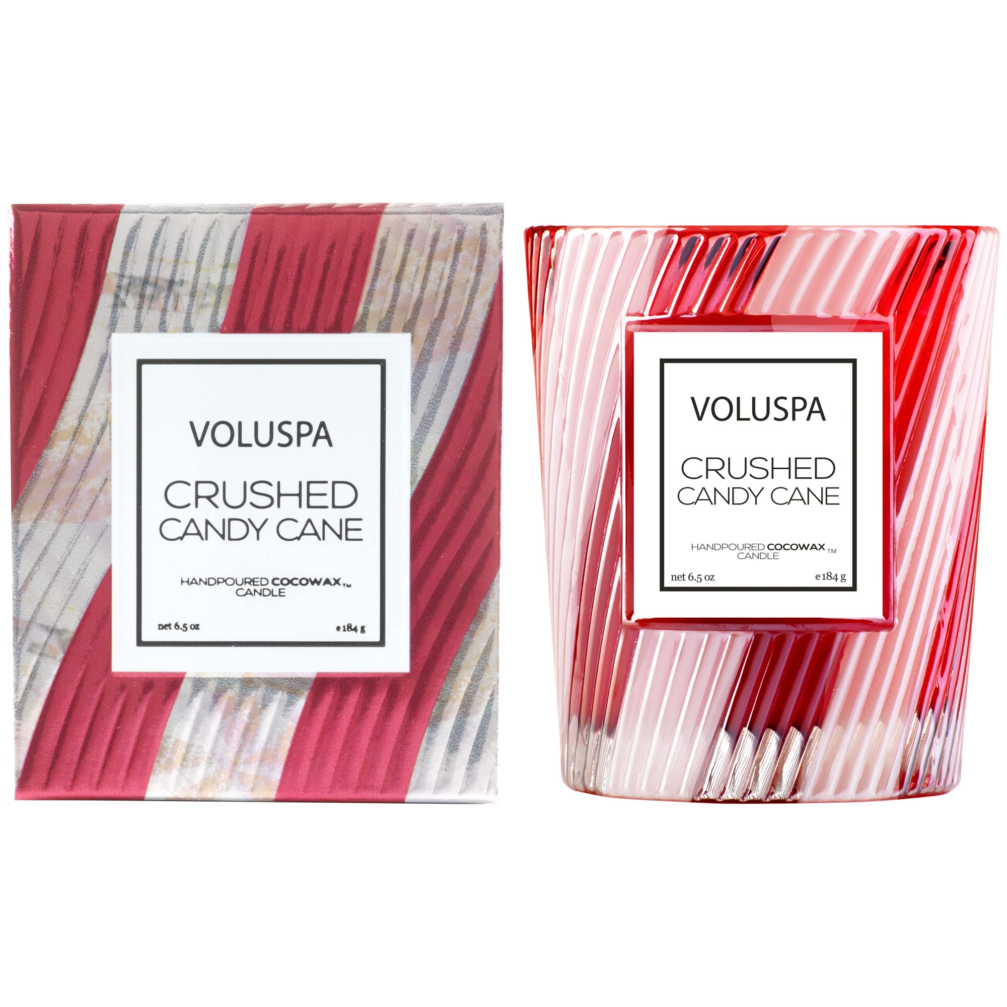 Voluspa Crushed Candy Cane Candle | Classic Boxed Candle | 6.5 Ounces | 40 Hour Burn Time |Coconut Wax for Clean Burning | Non-Toxic