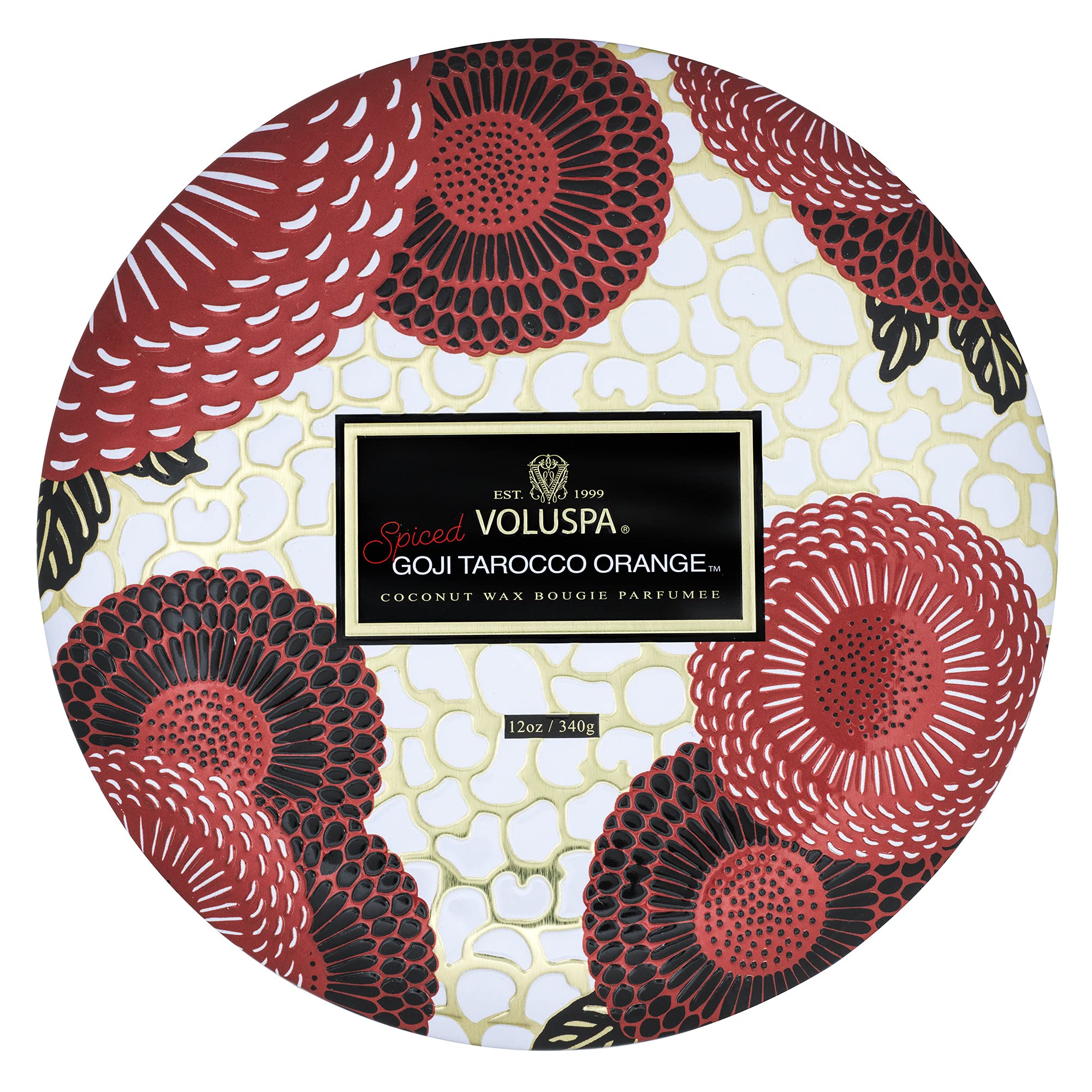 Voluspa Spiced Goji Tarocco Orange, 3 Wick Tin Candle, 12 Ounces, 40 Hour Burn Time, Coconut Wax for Clean Burning, Handcrafted in The USA
