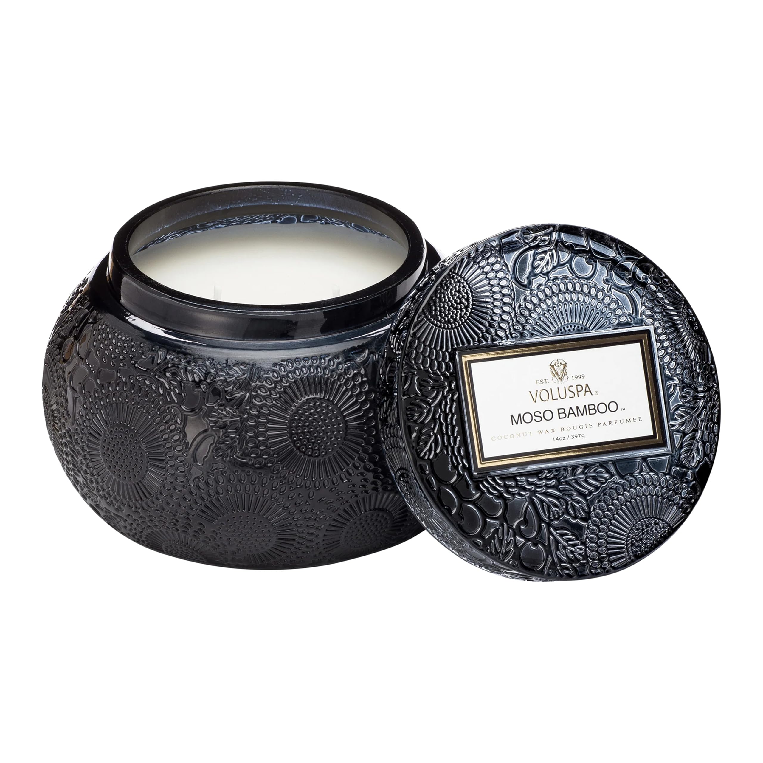 Voluspa Moso Bamboo, Glass Chawan Bowl Candle, 14 ounce, 50 Hour Burn Time, Coconut Wax for Clean Burning, Handcrafted in the USA