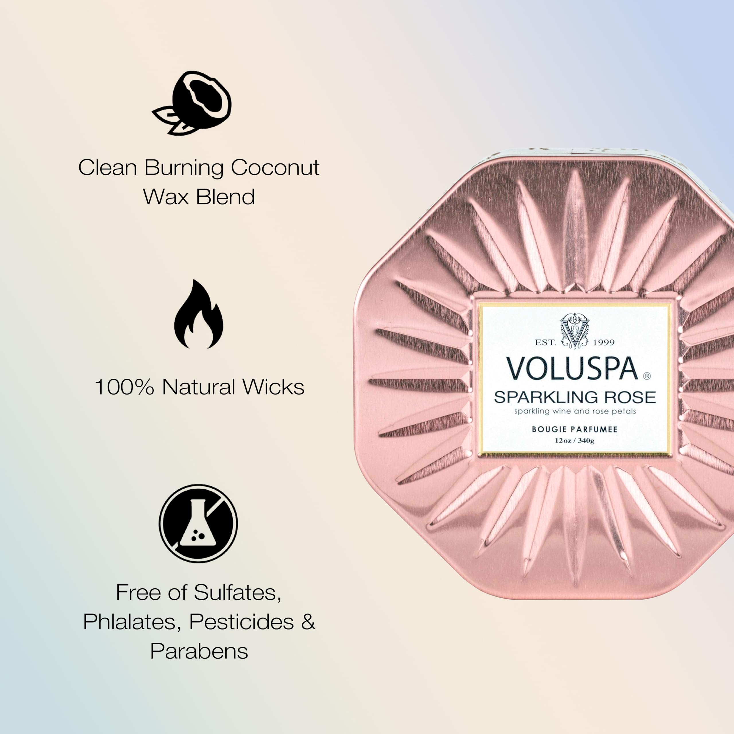 Voluspa Sparkling Rose, 3 Wick Tin Candle, 12 Ounce, 40 Hour Burn Time, Coconut Wax for Clean Burning, Handcrafted in The USA