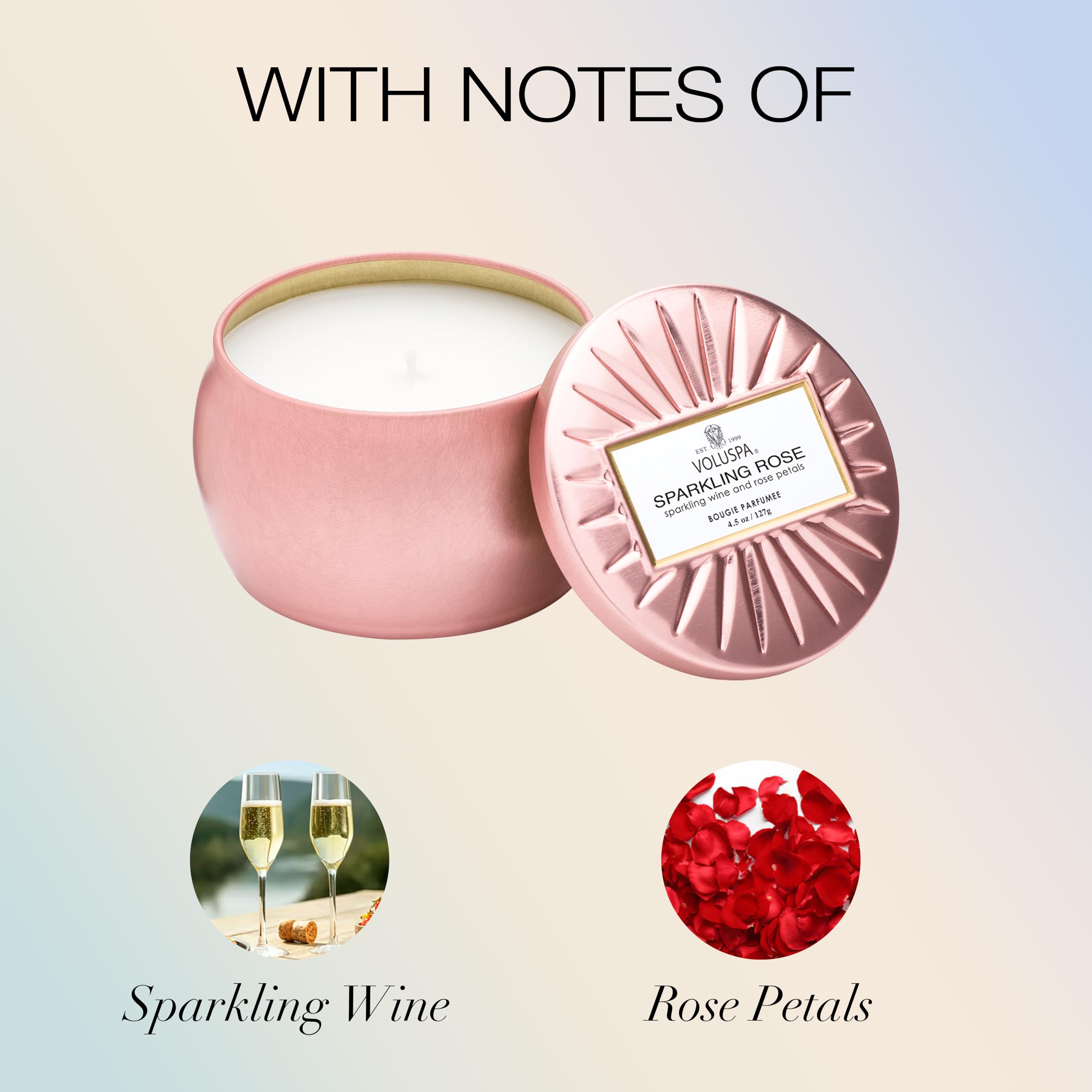 Voluspa Sparkling Rose, Mini Tin Candle, 4 Ounce, 25 Hour Burn Time, Coconut Wax for Clean Burning, Handcrafted in The USA