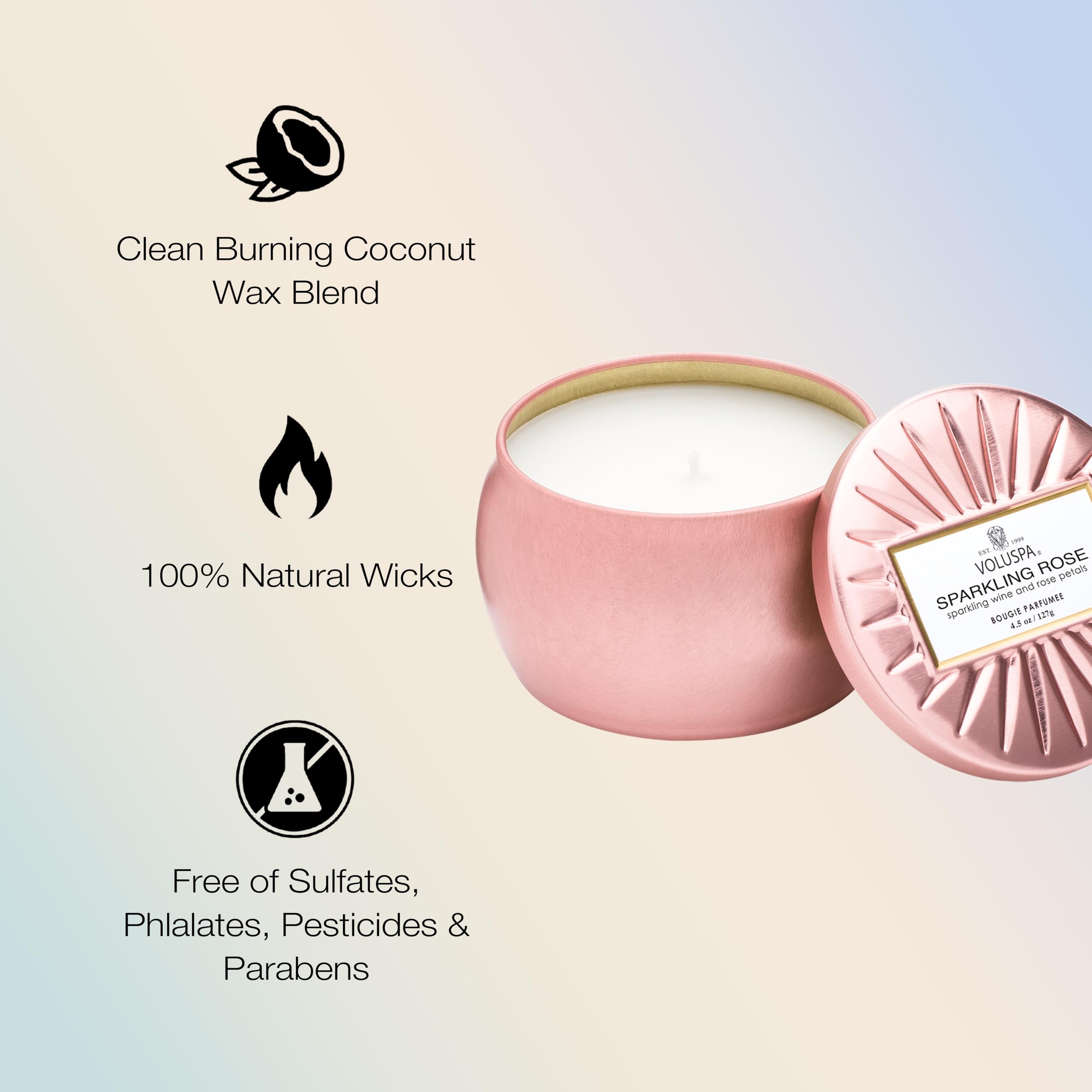 Voluspa Sparkling Rose, Mini Tin Candle, 4 Ounce, 25 Hour Burn Time, Coconut Wax for Clean Burning, Handcrafted in The USA