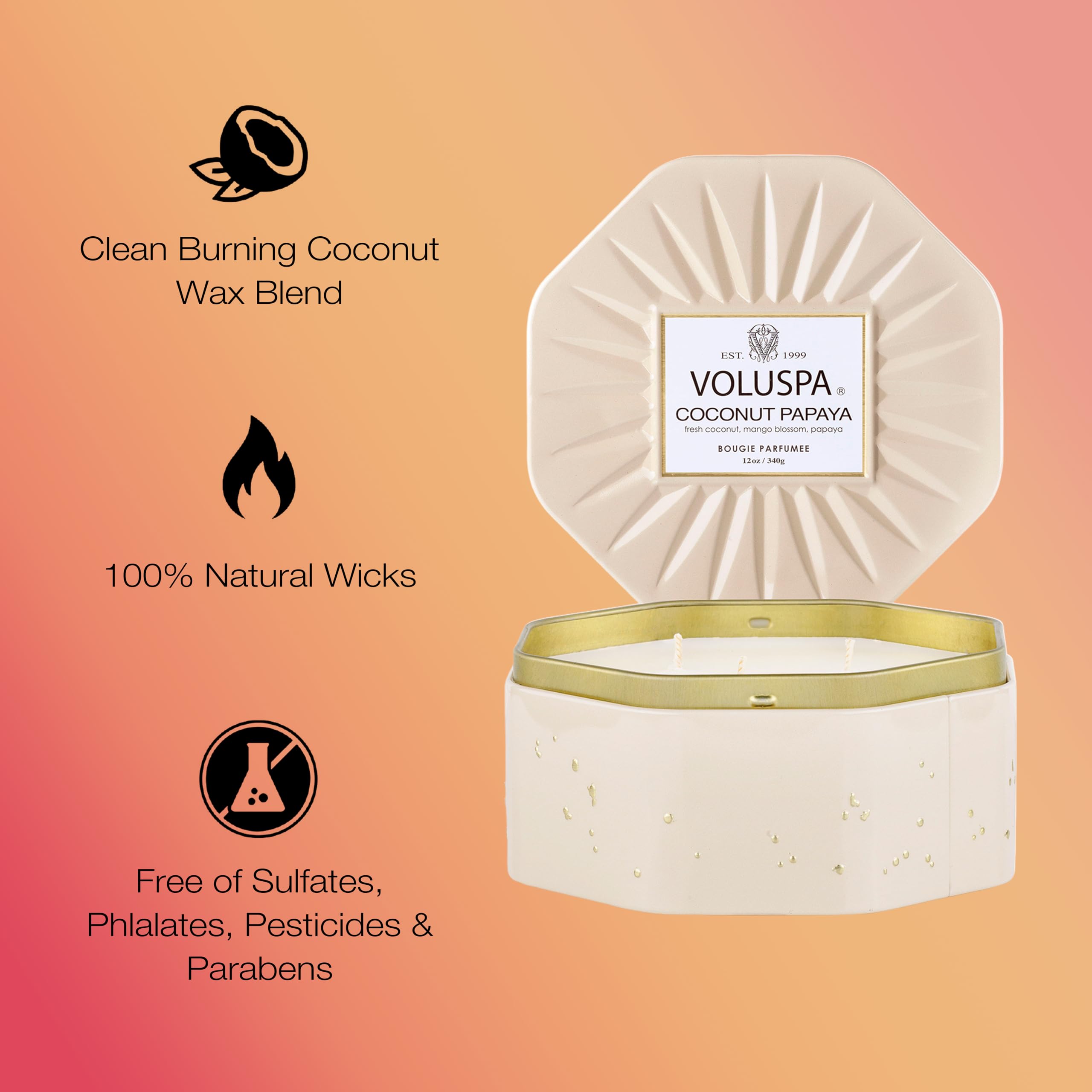 Voluspa Coconut Papaya, 3 Wick Tin Candle, 12 Ounces, 40 Hour Burn Time, Coconut Wax for Clean Burning, Handcrafted in The USA