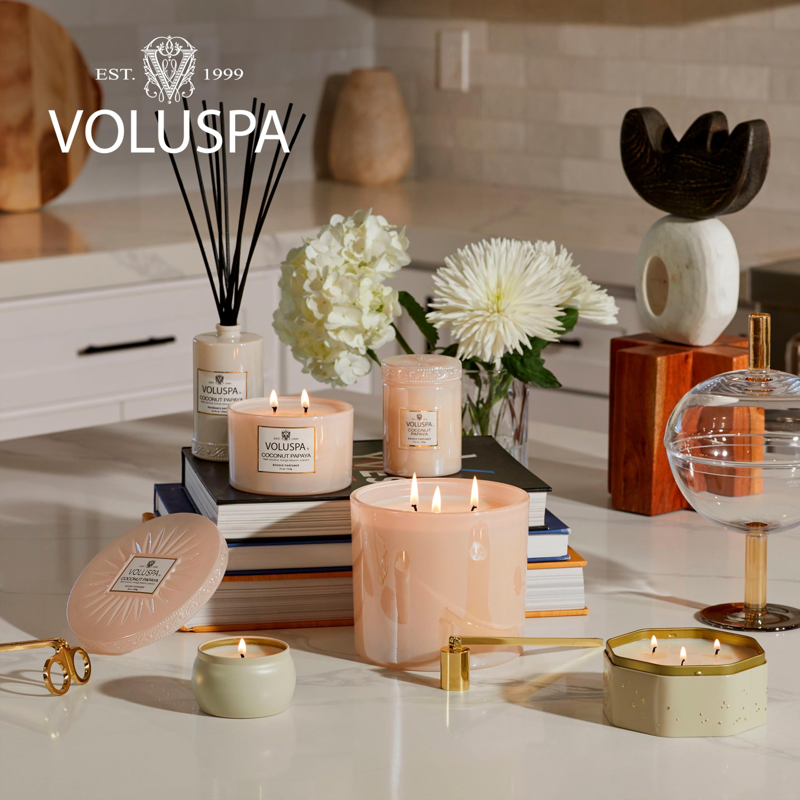 Voluspa Coconut Papaya, 3 Wick Tin Candle, 12 Ounces, 40 Hour Burn Time, Coconut Wax for Clean Burning, Handcrafted in The USA