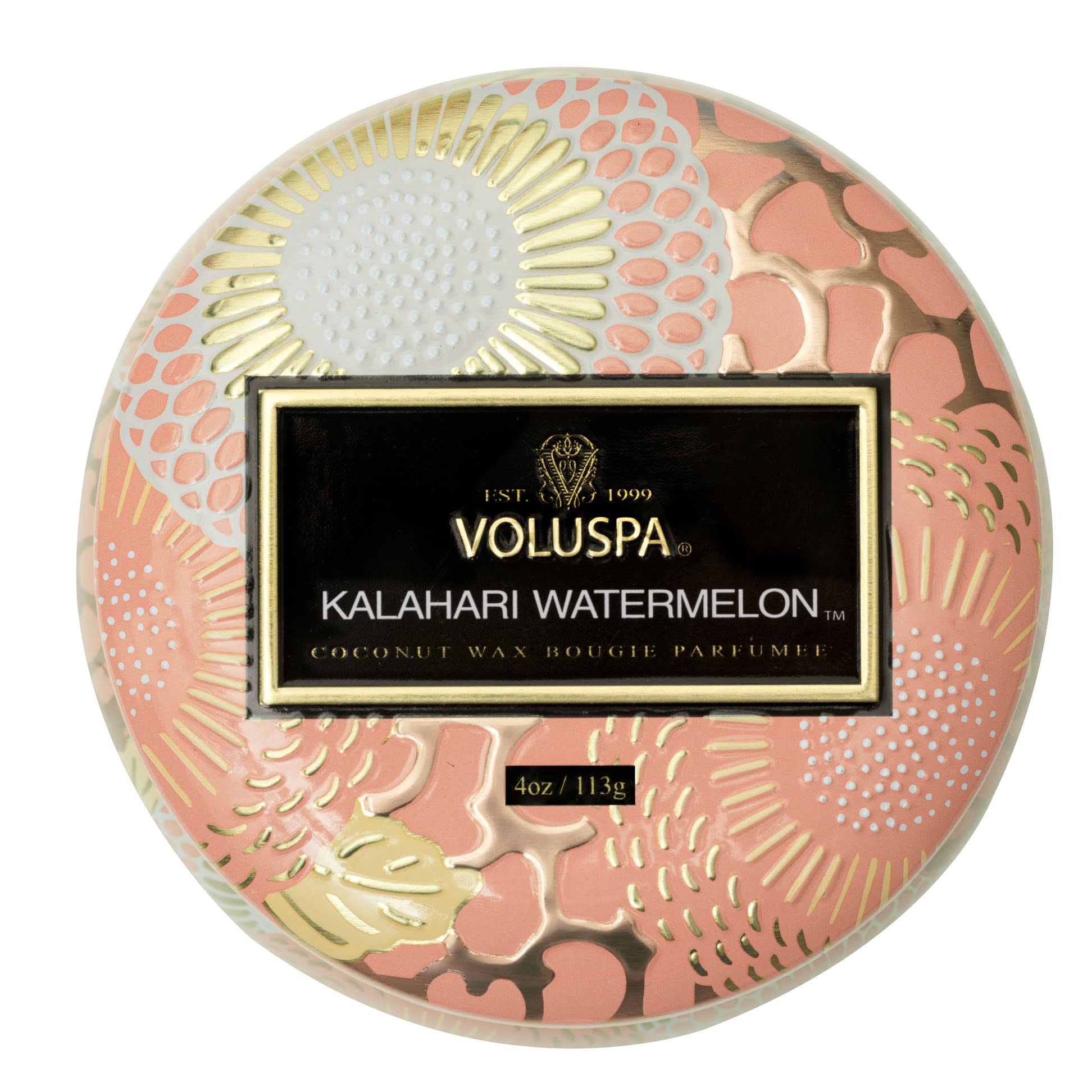 Voluspa Kalahari Watermelon, Mini Tin Candle, 4 oz, 25 Hour Burn Time, Coconut Wax Candle for The Home, Handcrafted in The USA