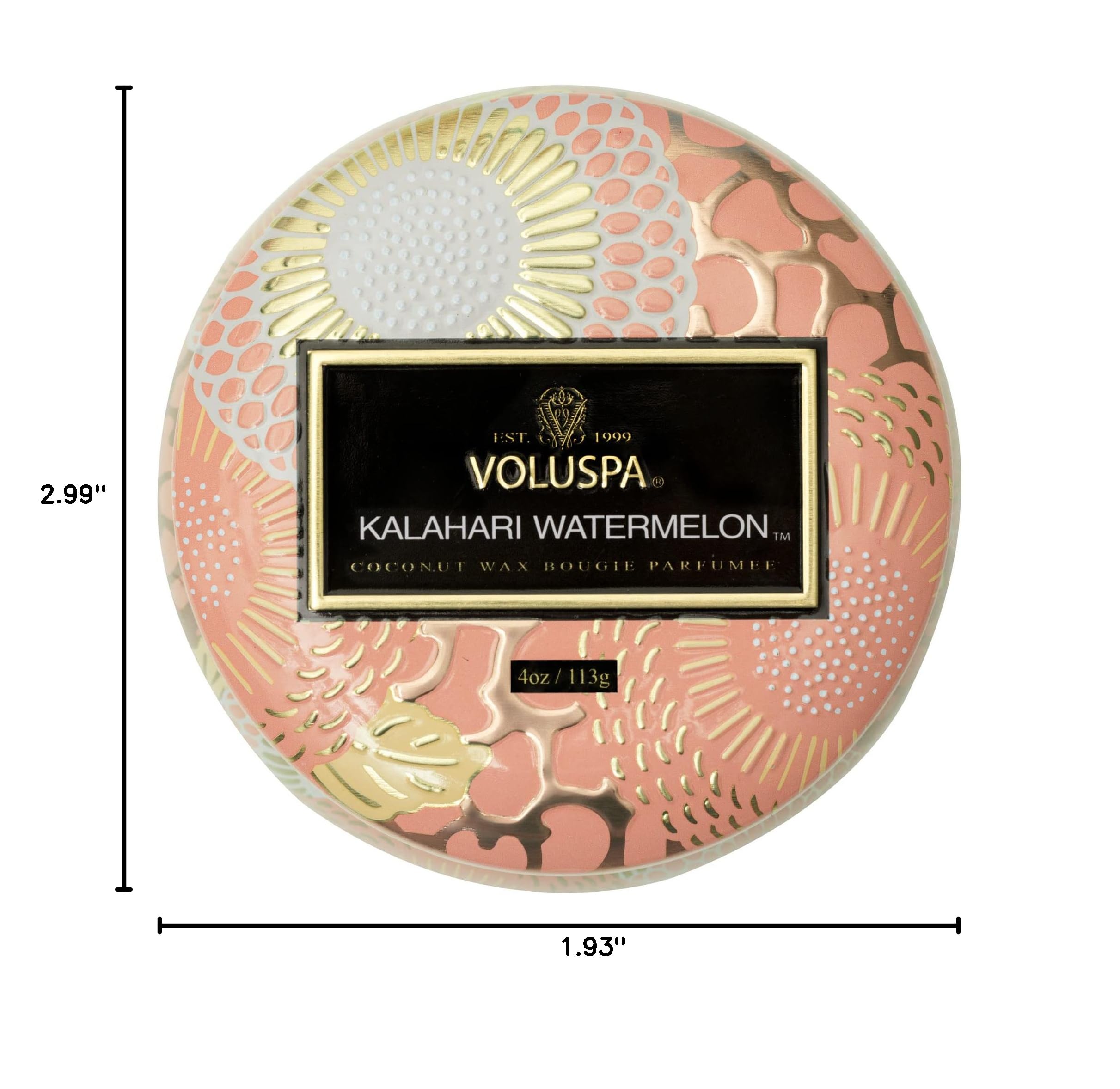 Voluspa Kalahari Watermelon, Mini Tin Candle, 4 oz, 25 Hour Burn Time, Coconut Wax Candle for The Home, Handcrafted in The USA