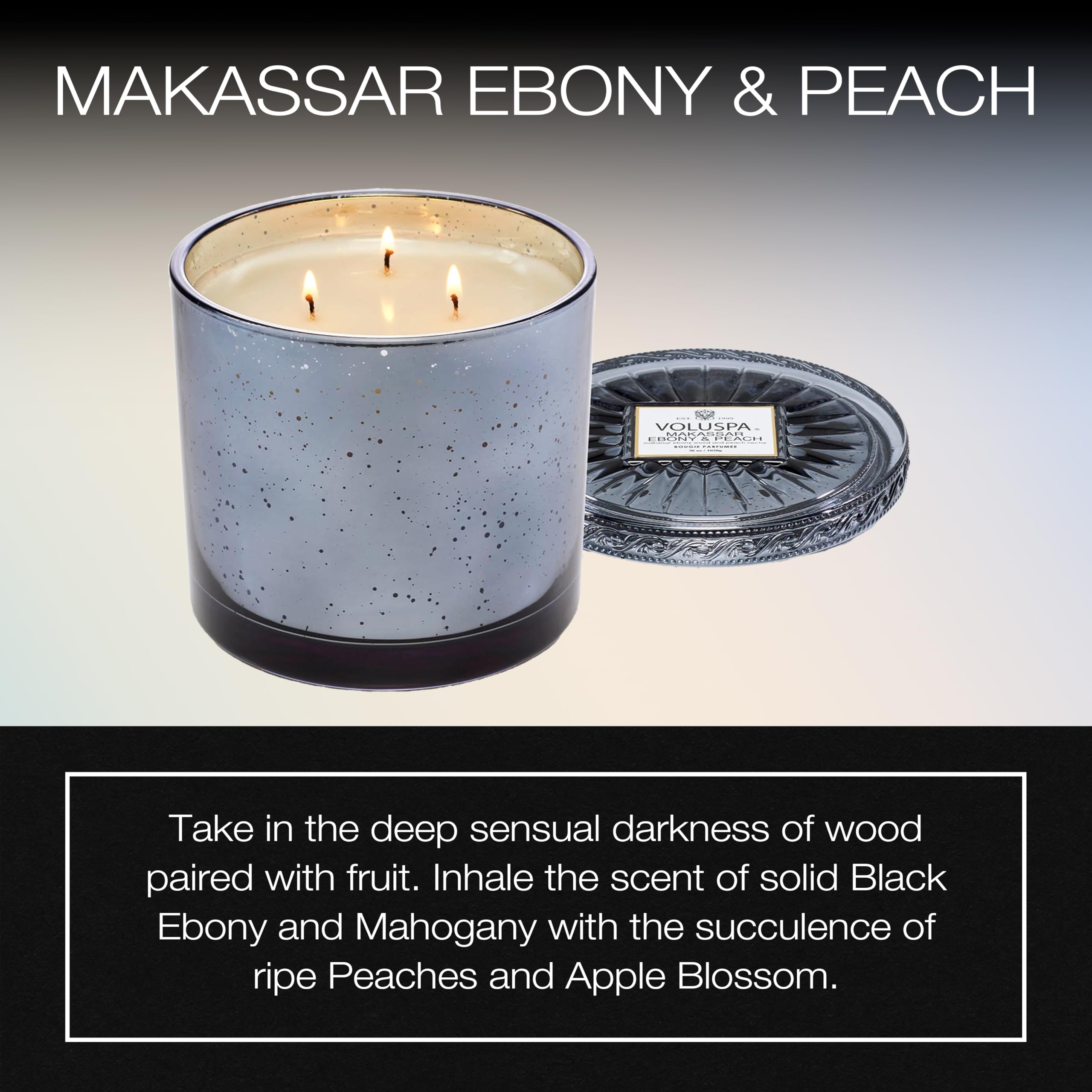 Voluspa Makassar Ebony & Peach, Grande Maison 3 Wick Glass Candle, 36 oz, 100 Hour Burn Time, Coconut Wax for Clean Burning, Handcrafted in The USA