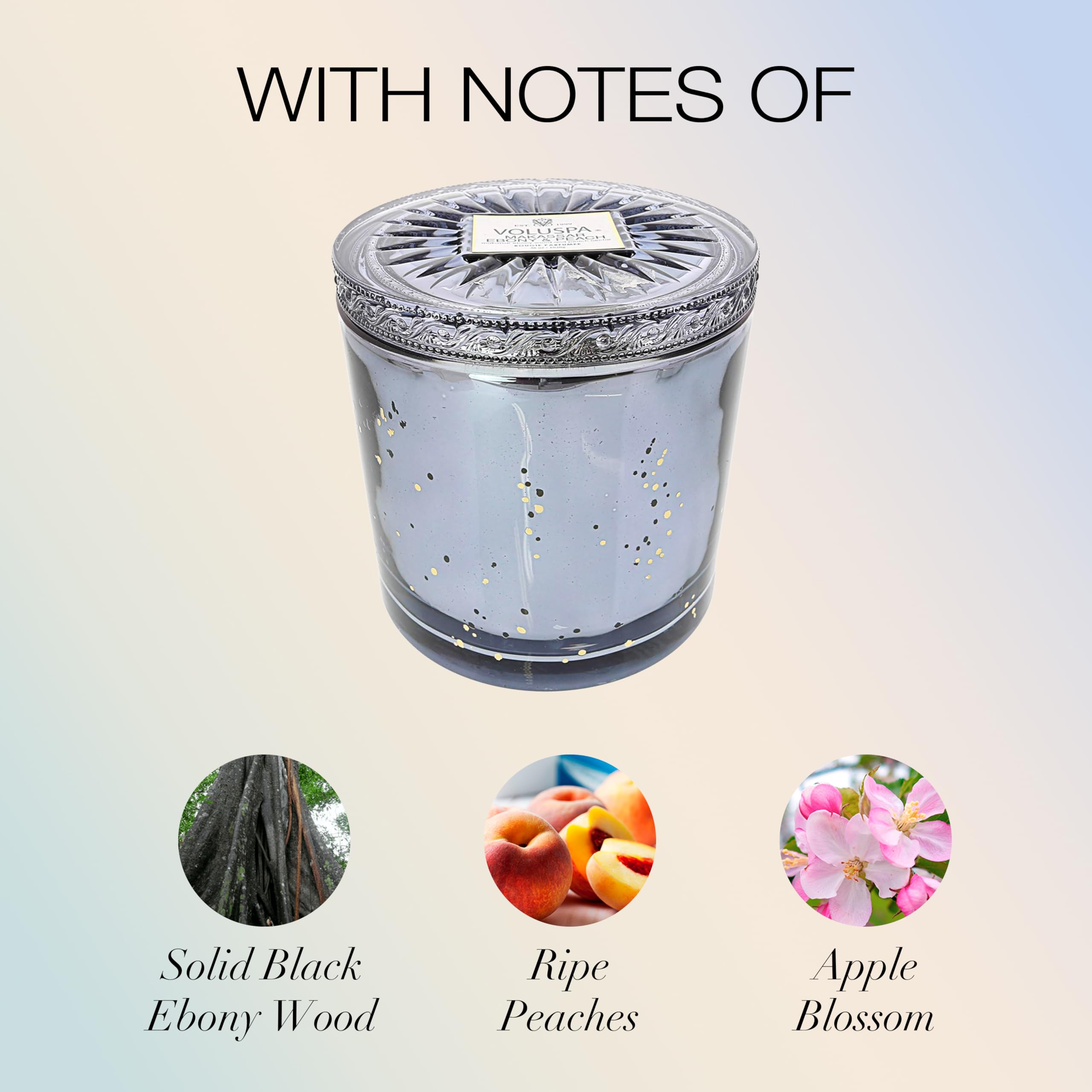 Voluspa Makassar Ebony & Peach, Grande Maison 3 Wick Glass Candle, 36 oz, 100 Hour Burn Time, Coconut Wax for Clean Burning, Handcrafted in The USA