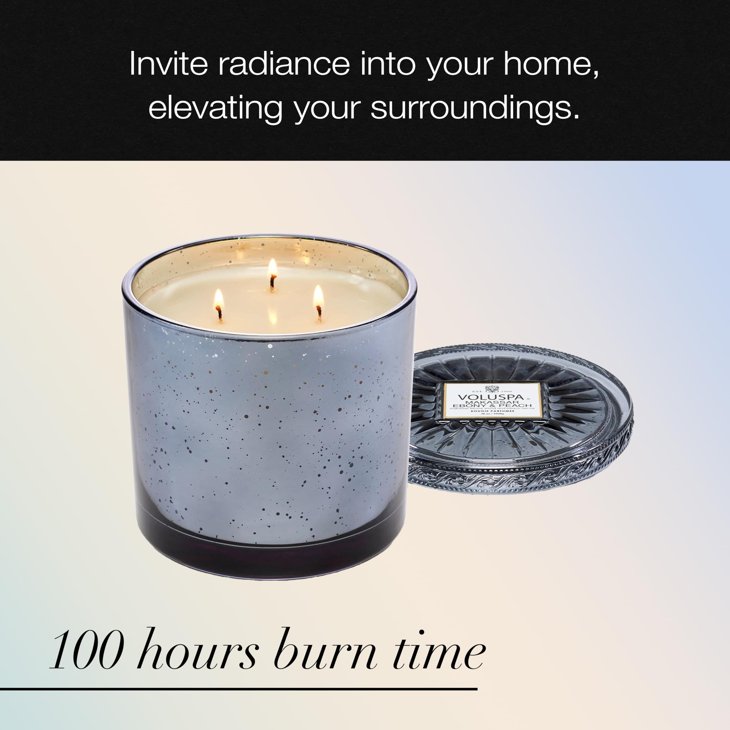 Voluspa Makassar Ebony & Peach, Grande Maison 3 Wick Glass Candle, 36 oz, 100 Hour Burn Time, Coconut Wax for Clean Burning, Handcrafted in The USA