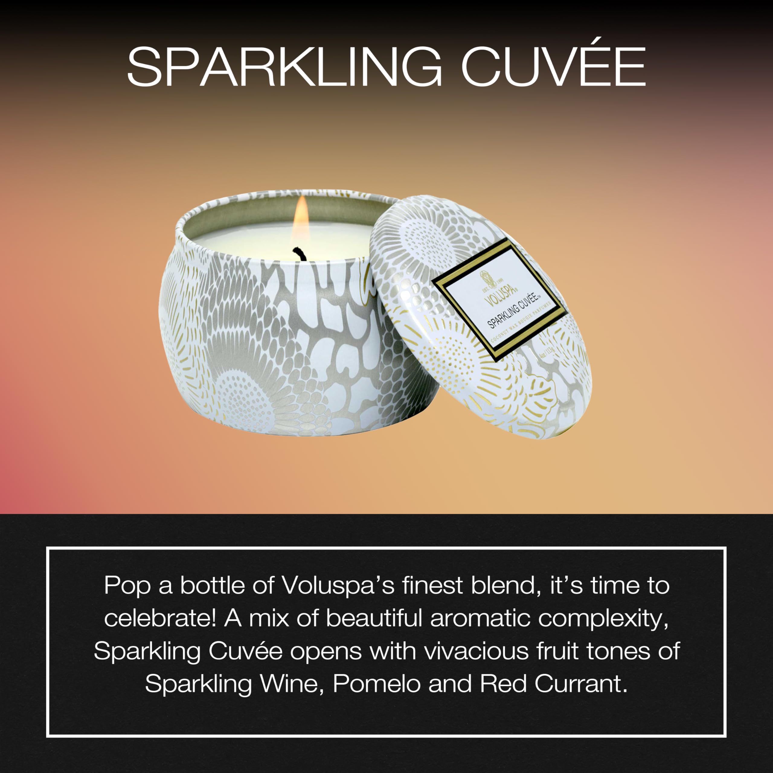 Voluspa Sparkling Cuvee, Mini Tin Candle, 4 oz, 25 Hour Burn Time, Coconut Wax for Clean Burning, Handcrafted in the USA