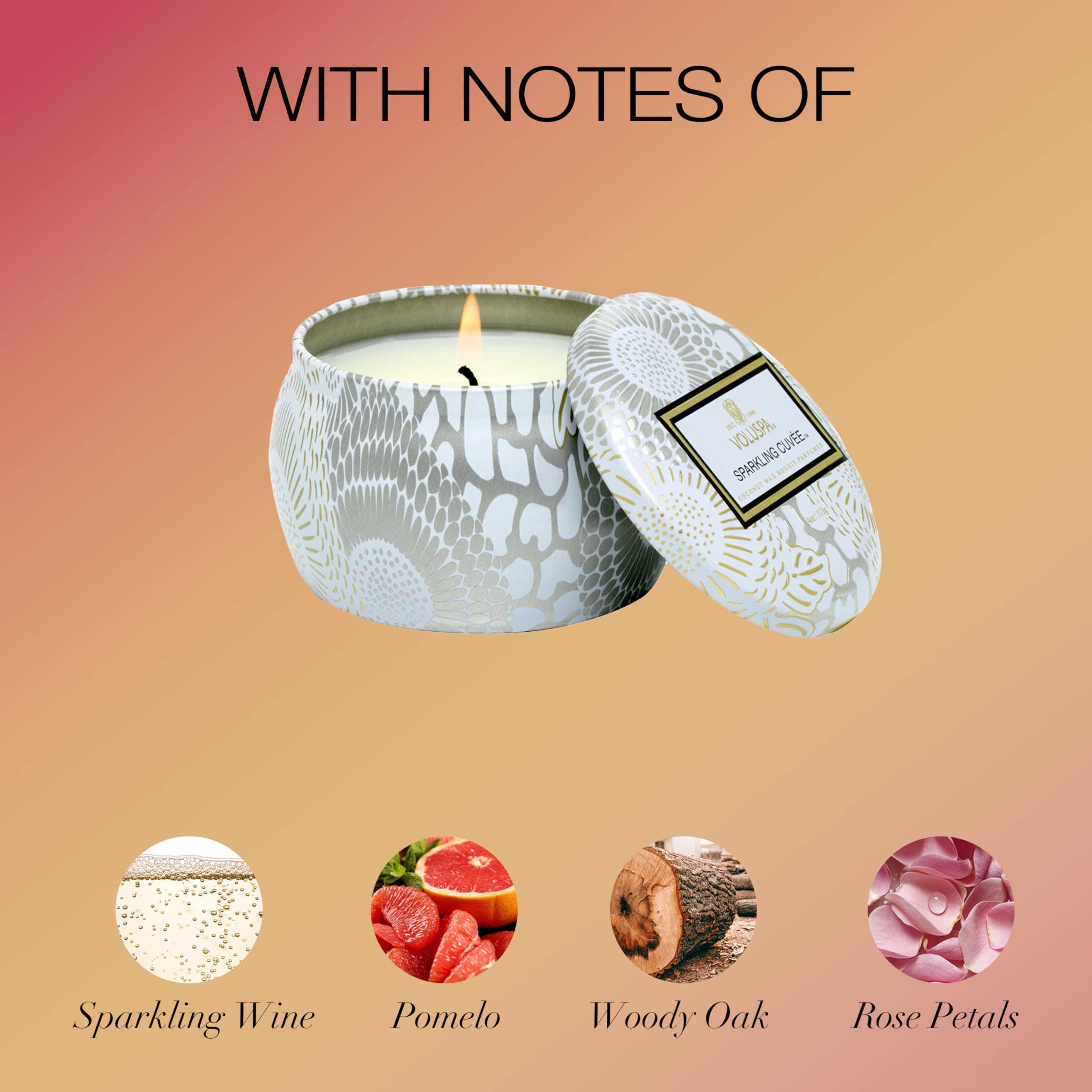 Voluspa Sparkling Cuvee, Mini Tin Candle, 4 oz, 25 Hour Burn Time, Coconut Wax for Clean Burning, Handcrafted in the USA