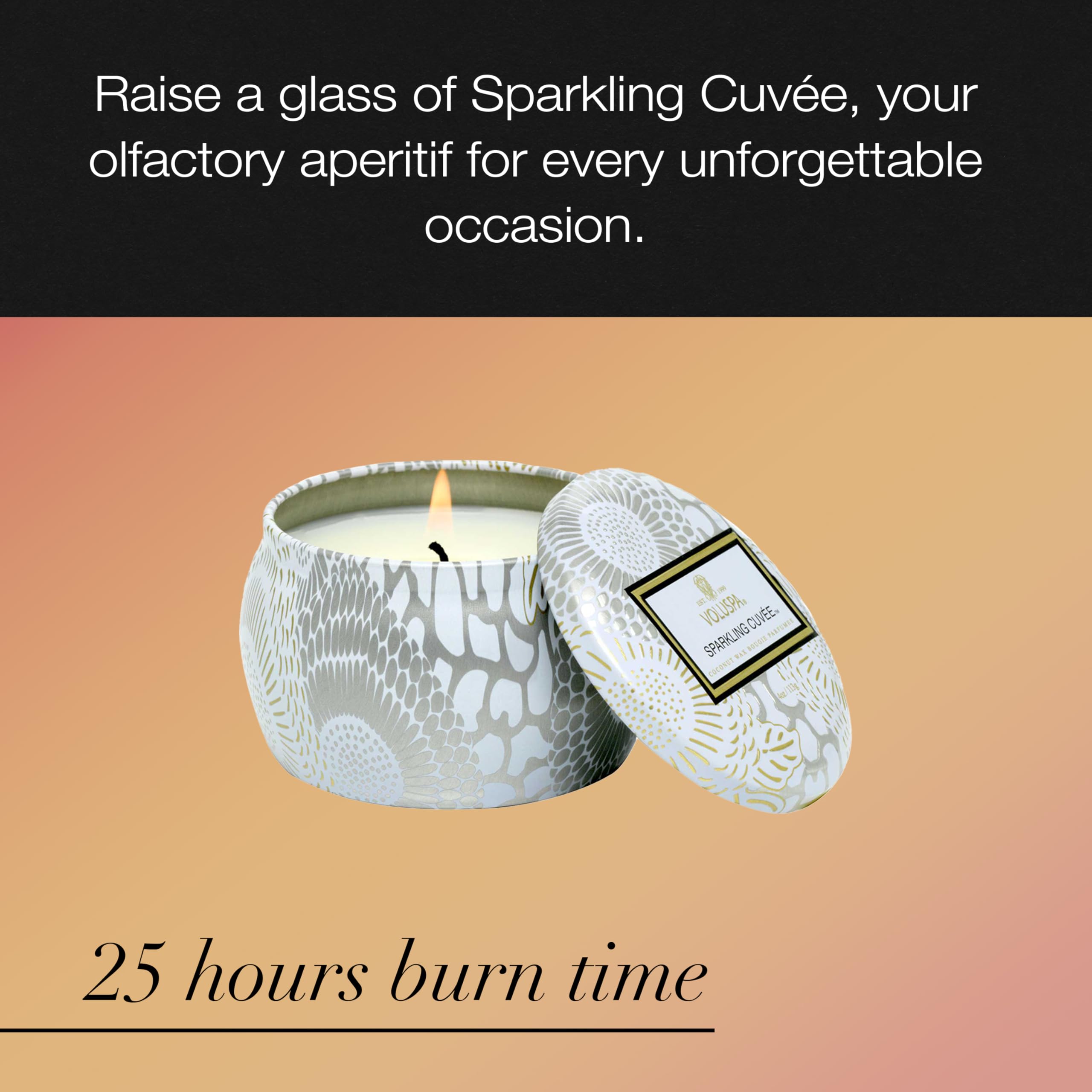Voluspa Sparkling Cuvee, Mini Tin Candle, 4 oz, 25 Hour Burn Time, Coconut Wax for Clean Burning, Handcrafted in the USA