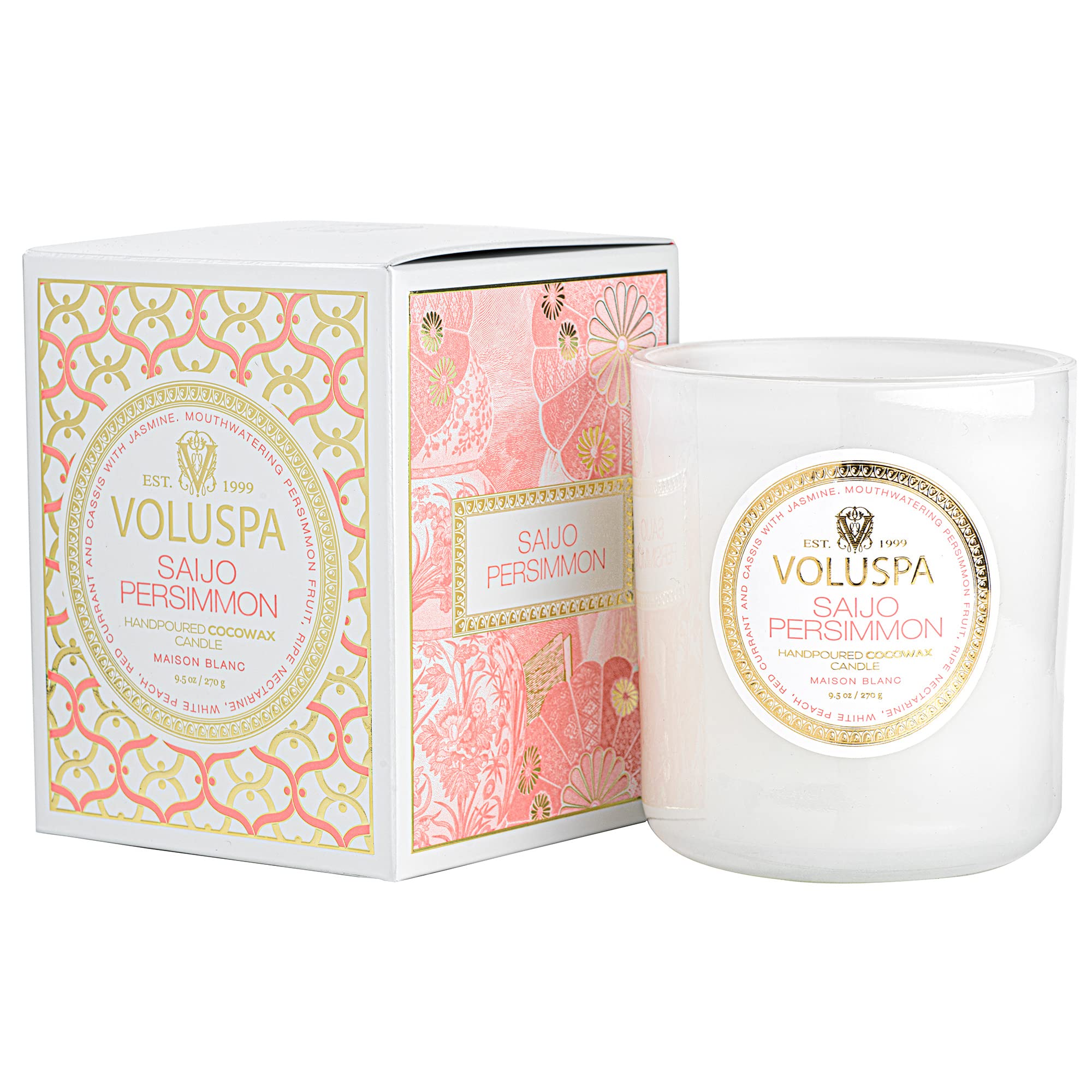 Voluspa Saijo Persimmon, Classic Boxed Candle, 9.5 Ounce, 60 Hour Burn Time, Coconut Wax for Clean Burning, Handcrafted in The USA