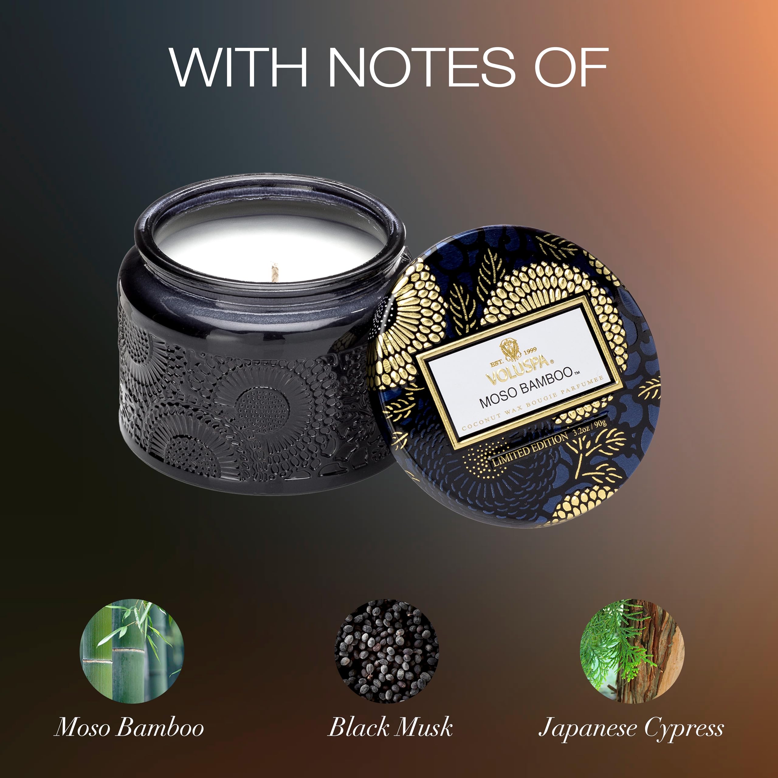 Voluspa Moso Bamboo, Petite Candle Jar, 3.2 Ounce, 25 Hour Burn Time, Coconut Wax for Clean Burning, Handcrafted in The USA