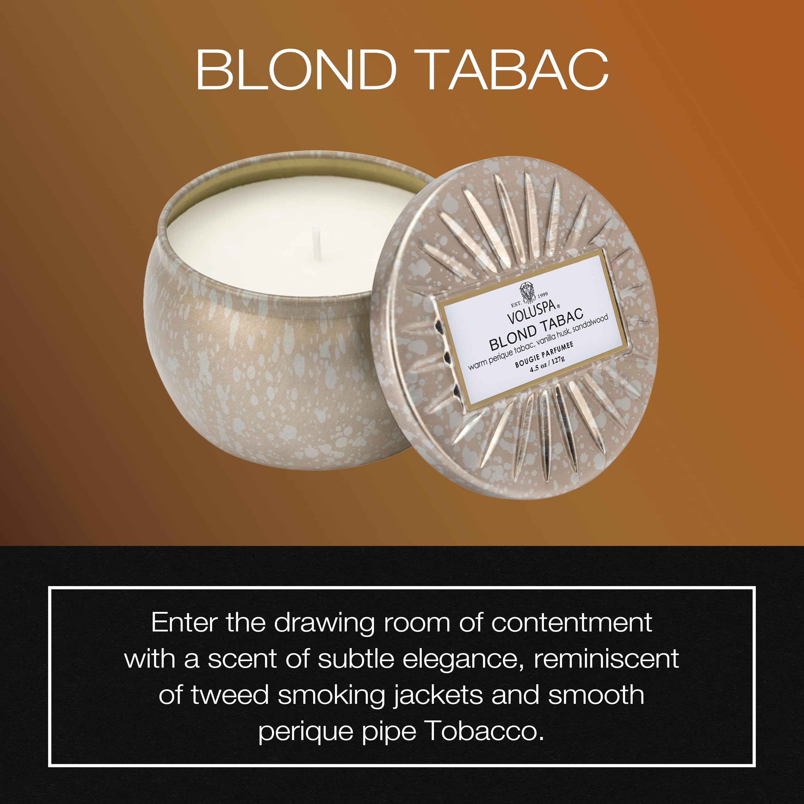 Voluspa Blond Tabac, Mini Tin Candle, 4 oz, 25 Hour Burn Time, Coconut Wax for Clean Burning, Handcrafted in the USA