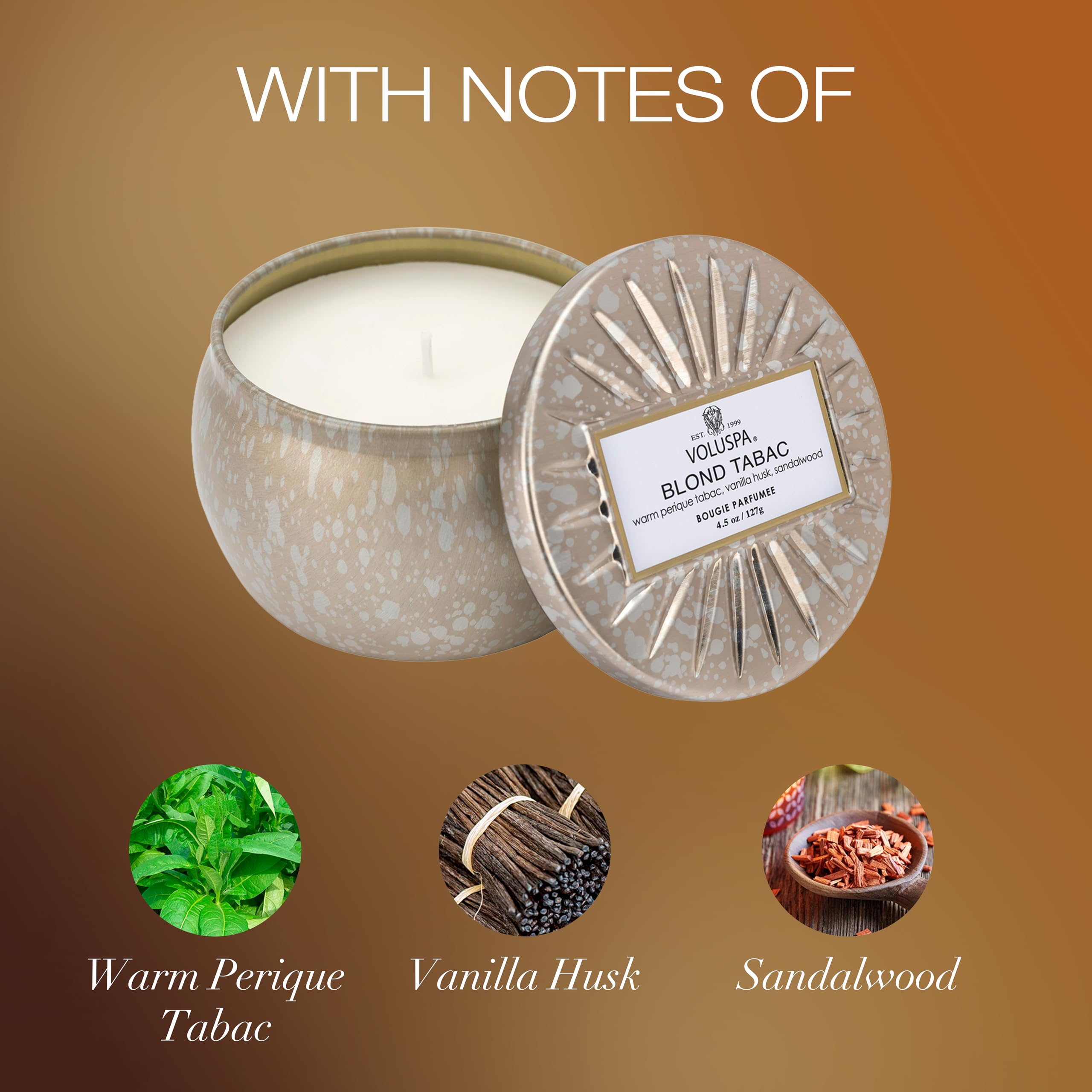 Voluspa Blond Tabac, Mini Tin Candle, 4 oz, 25 Hour Burn Time, Coconut Wax for Clean Burning, Handcrafted in the USA