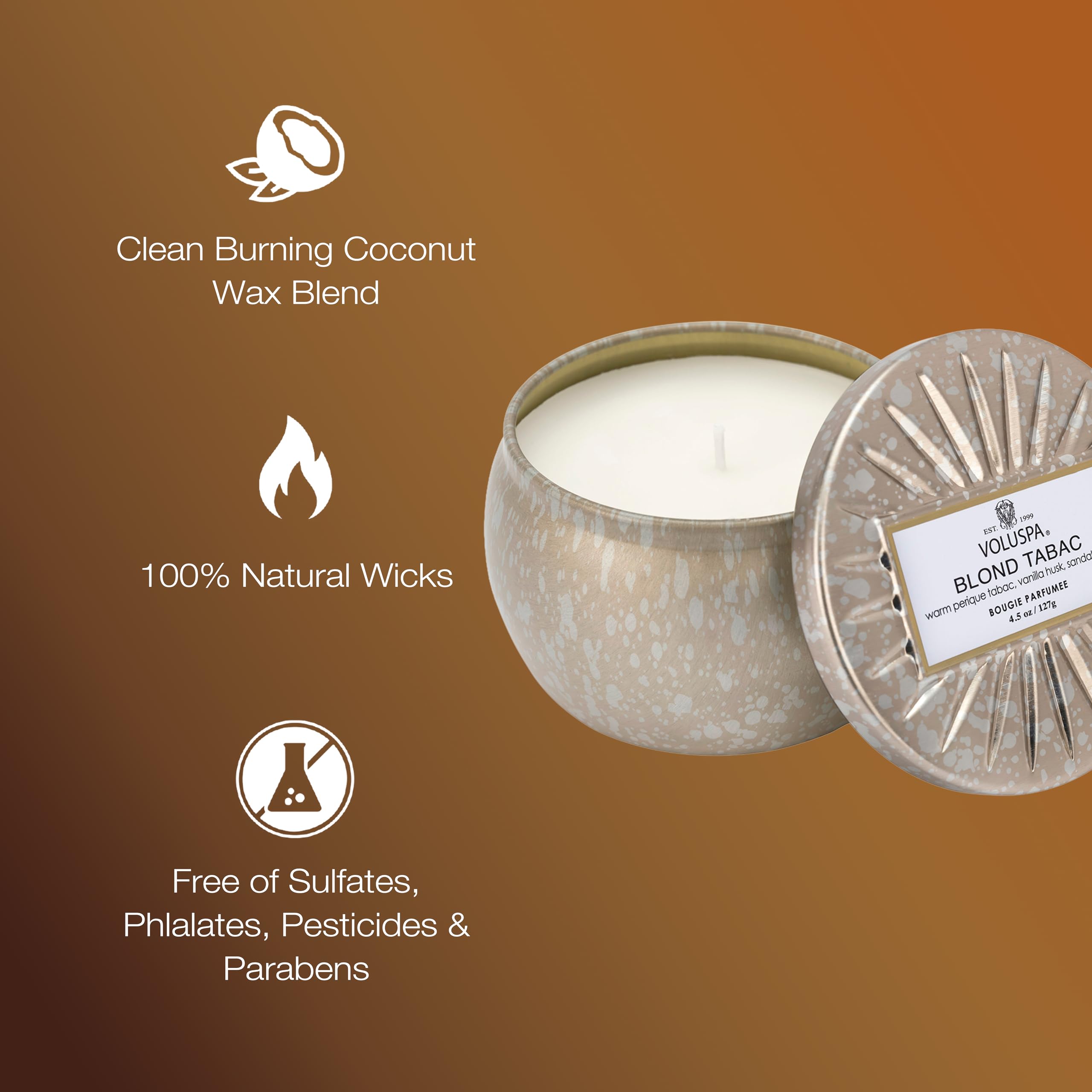 Voluspa Blond Tabac, Mini Tin Candle, 4 oz, 25 Hour Burn Time, Coconut Wax for Clean Burning, Handcrafted in the USA