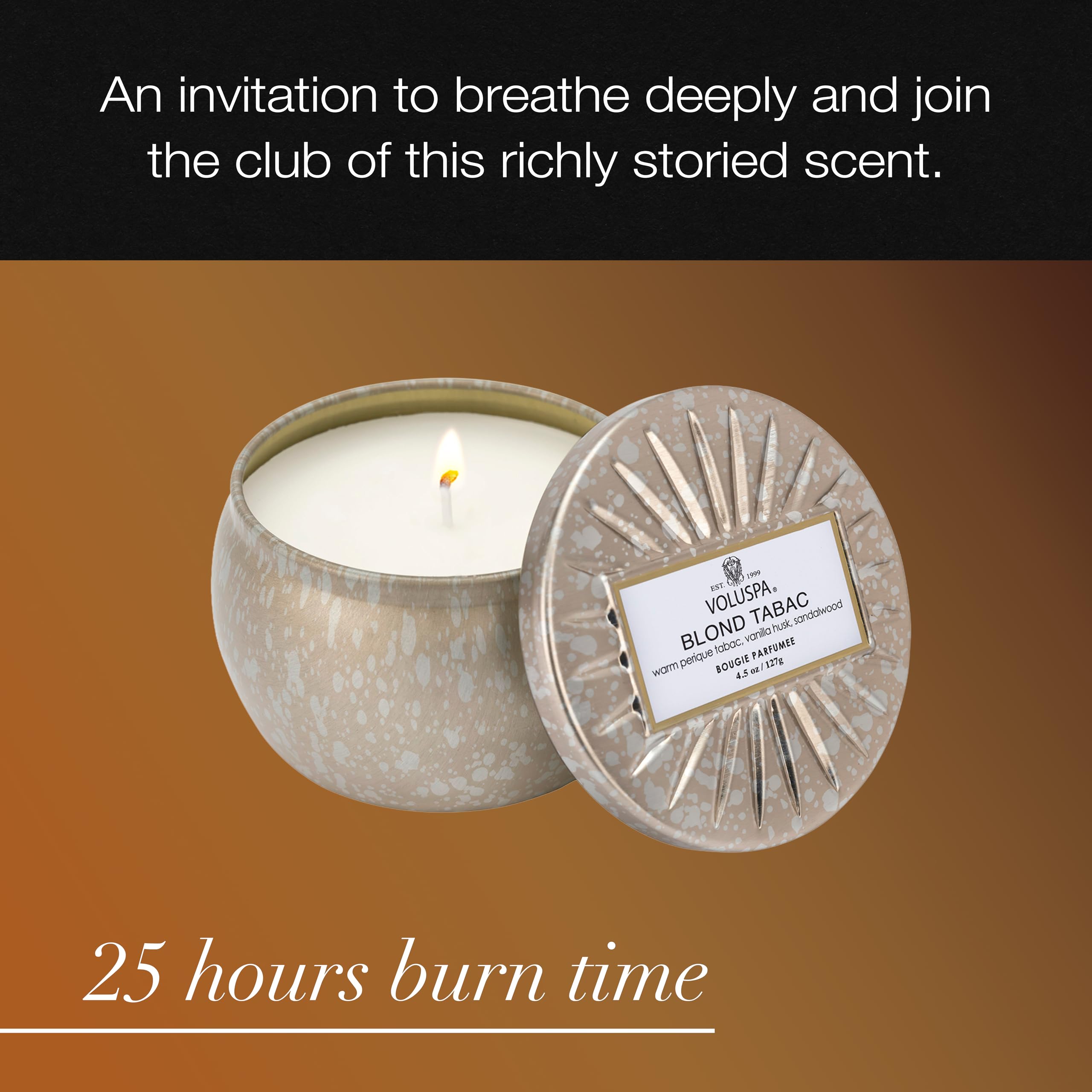 Voluspa Blond Tabac, Mini Tin Candle, 4 oz, 25 Hour Burn Time, Coconut Wax for Clean Burning, Handcrafted in the USA