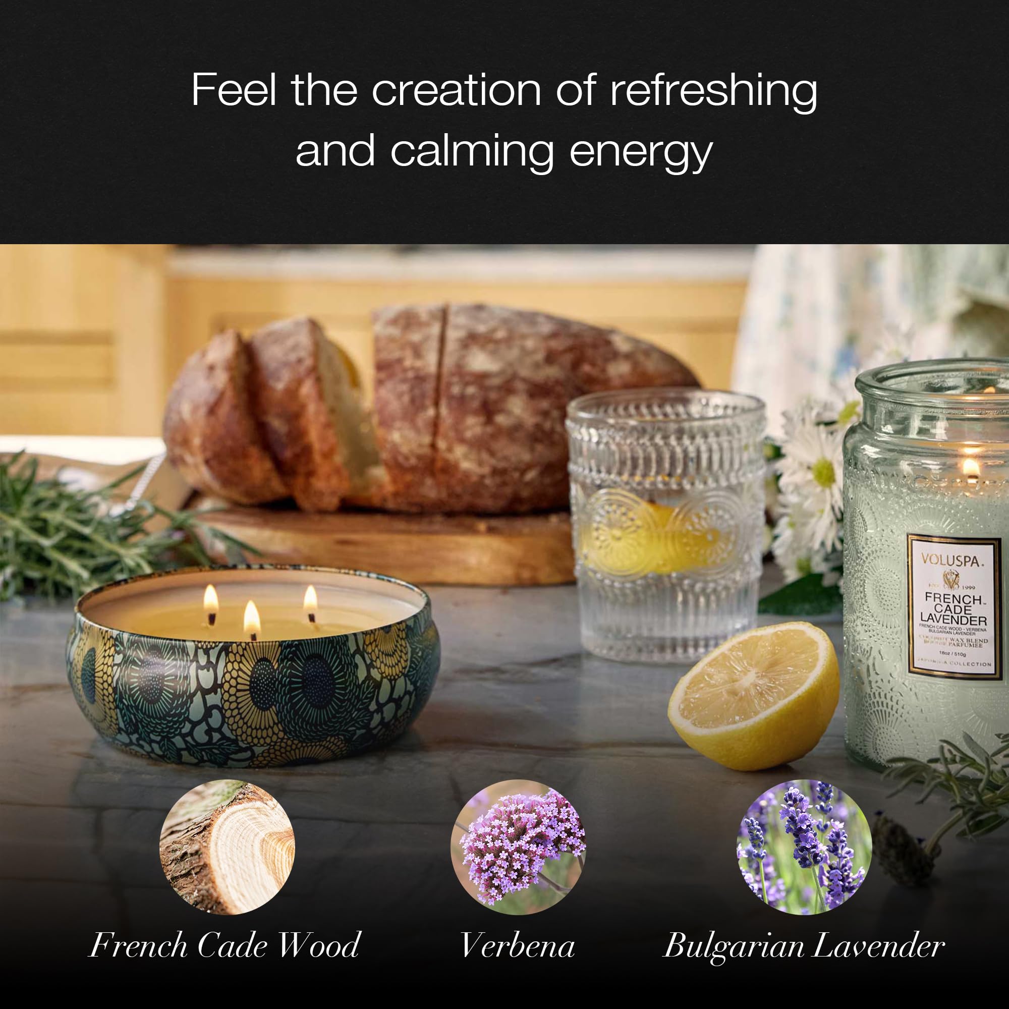 Voluspa French Cade Lavender, 3 Wick Tin Candle, 12 oz, 40 Hour Burn Time, Coconut Wax for Clean Burning, Handcrafted in the USA
