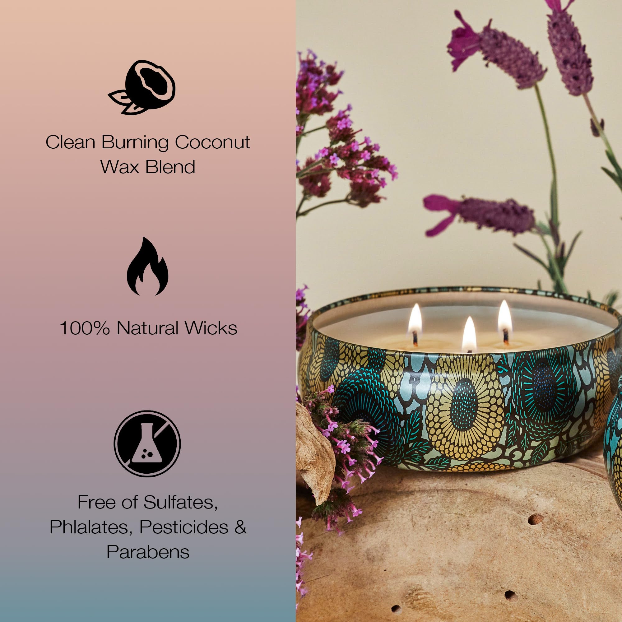 Voluspa French Cade Lavender, 3 Wick Tin Candle, 12 oz, 40 Hour Burn Time, Coconut Wax for Clean Burning, Handcrafted in the USA