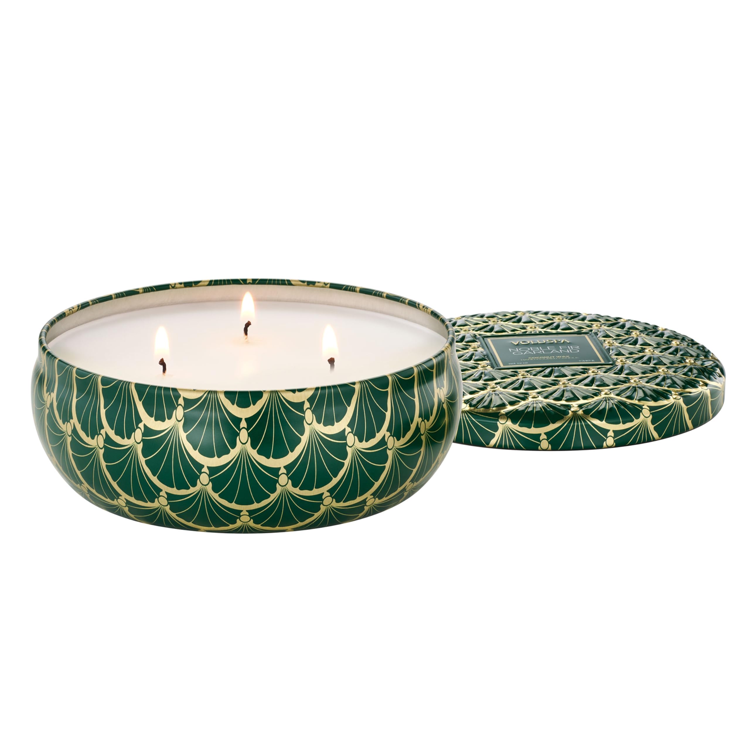 Voluspa Noble Fir Garland, 3 Wick Tin Candle, 12oz, 40 Hour Burn Time, Coconut Wax Candle for The Home, Handcrafted in The USA