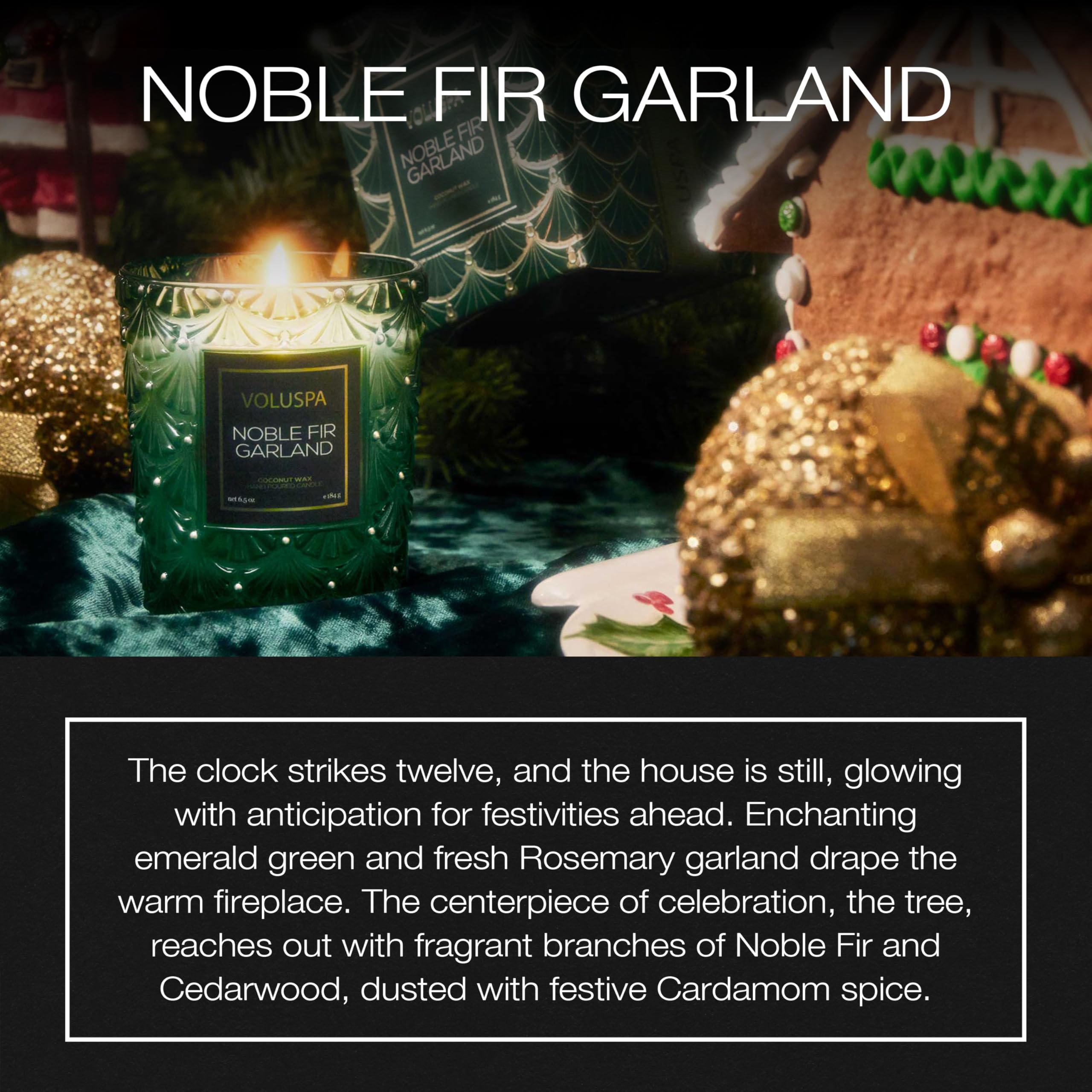 Voluspa Noble Fir Garland Boxed Candle, 6.5 oz, Coconut Wax Blend, Christmas Scented Candles for Home, 40 Hour Burn Time, Handcrafted in The USA