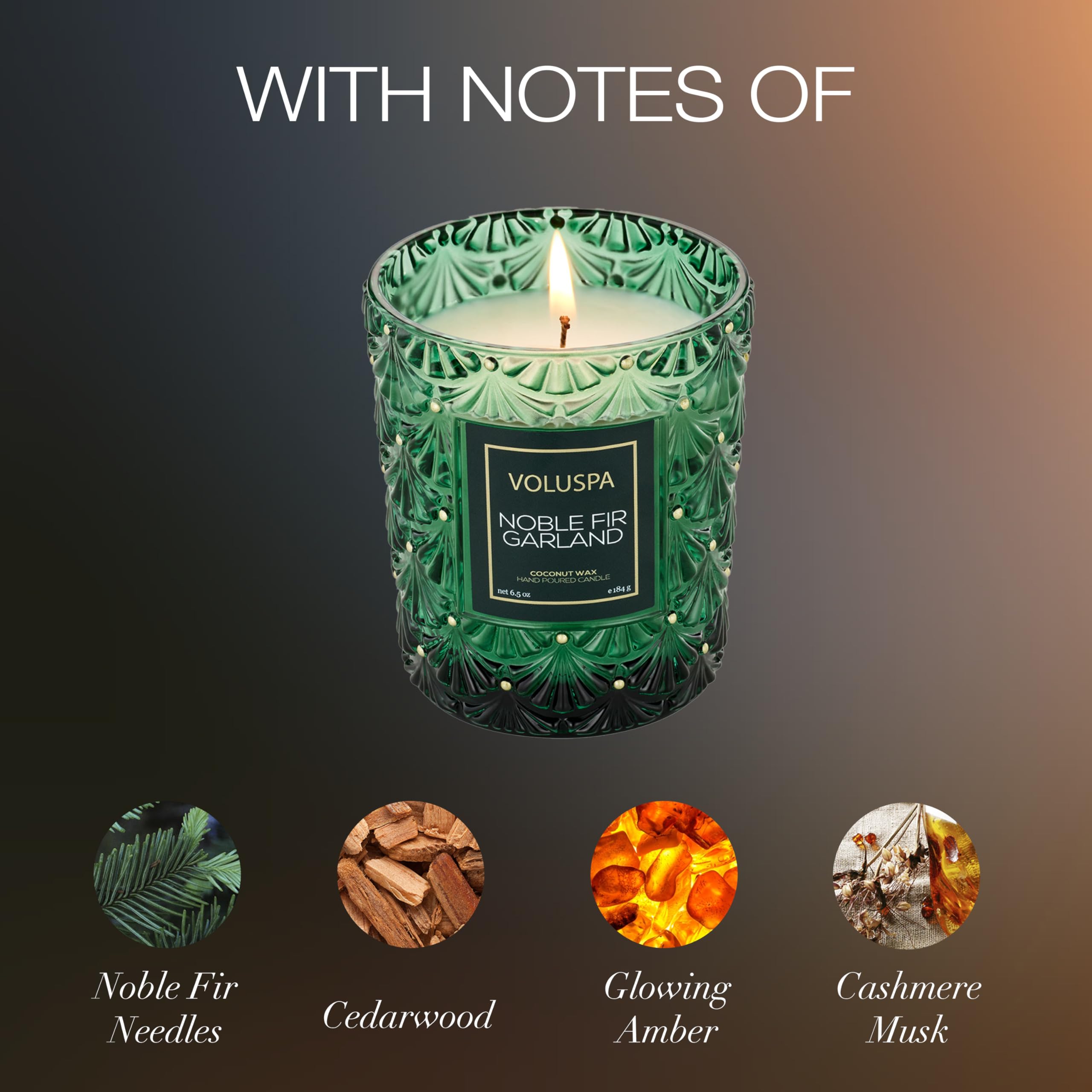 Voluspa Noble Fir Garland Boxed Candle, 6.5 oz, Coconut Wax Blend, Christmas Scented Candles for Home, 40 Hour Burn Time, Handcrafted in The USA