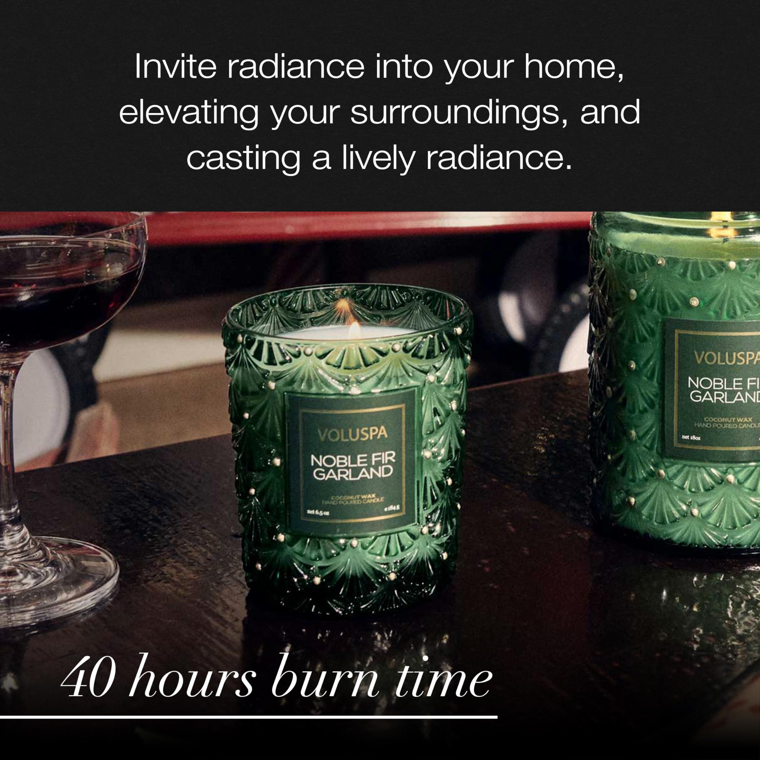 Voluspa Noble Fir Garland Boxed Candle, 6.5 oz, Coconut Wax Blend, Christmas Scented Candles for Home, 40 Hour Burn Time, Handcrafted in The USA