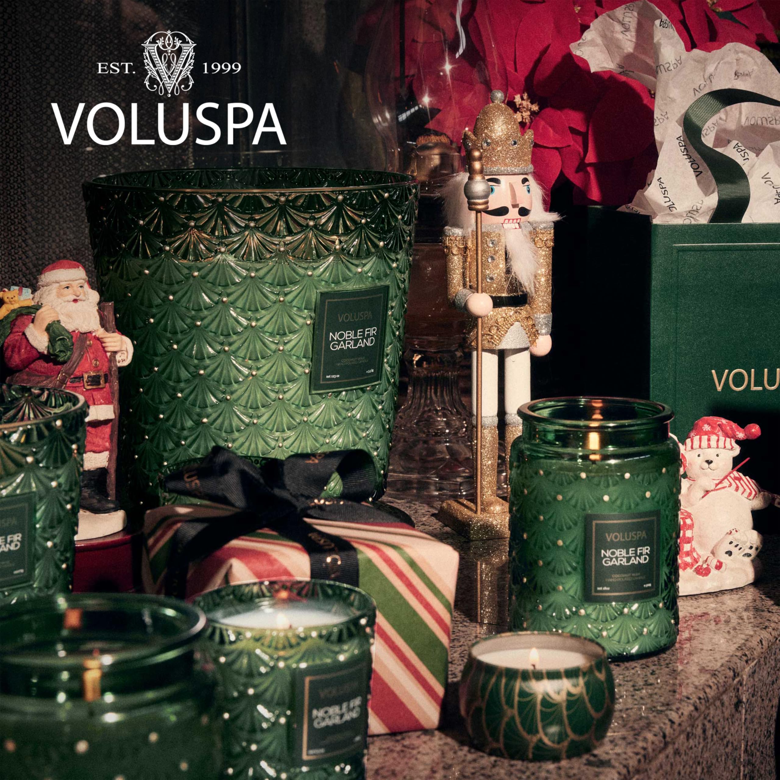 Voluspa Noble Fir Garland Boxed Candle, 6.5 oz, Coconut Wax Blend, Christmas Scented Candles for Home, 40 Hour Burn Time, Handcrafted in The USA