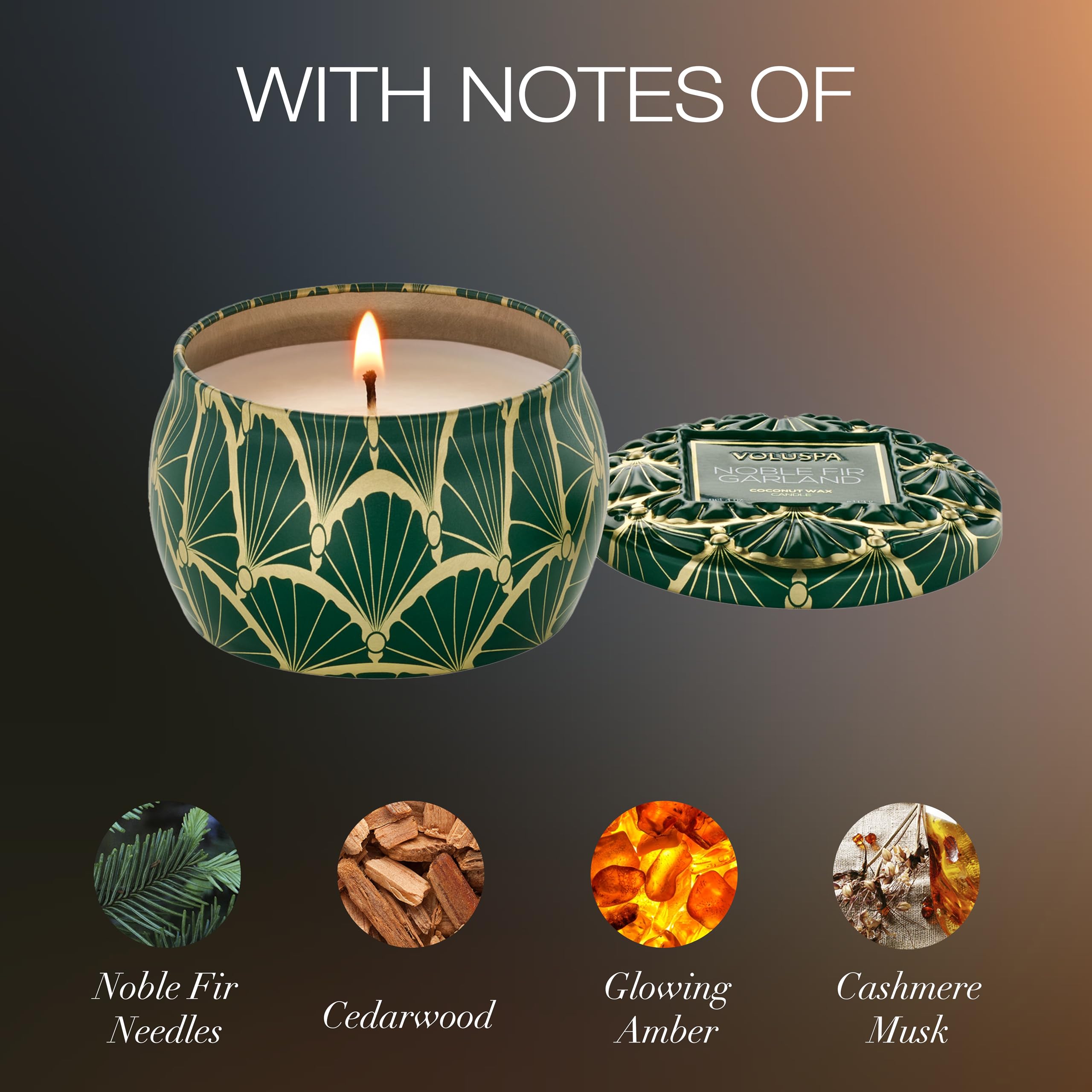 Voluspa Noble Fir Garland, Mini Tin Candle, 4 oz, 25 Hour Burn Time, Coconut Wax Candle for The Home, Handcrafted in The USA
