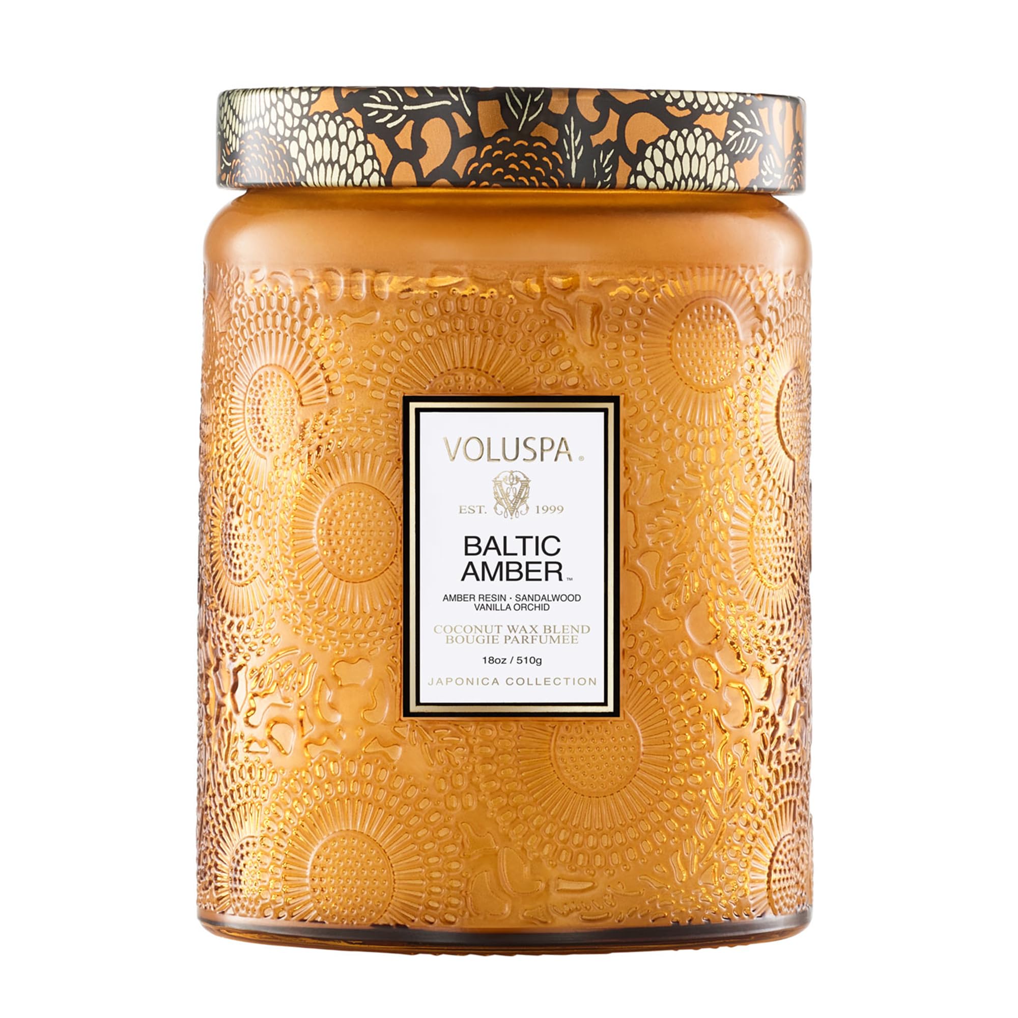 Voluspa Baltic Amber, Large Candle Jar, 18 oz, 100 Hour Burn Time, Coconut Wax for Clean Burning, Handcrafted in the USA