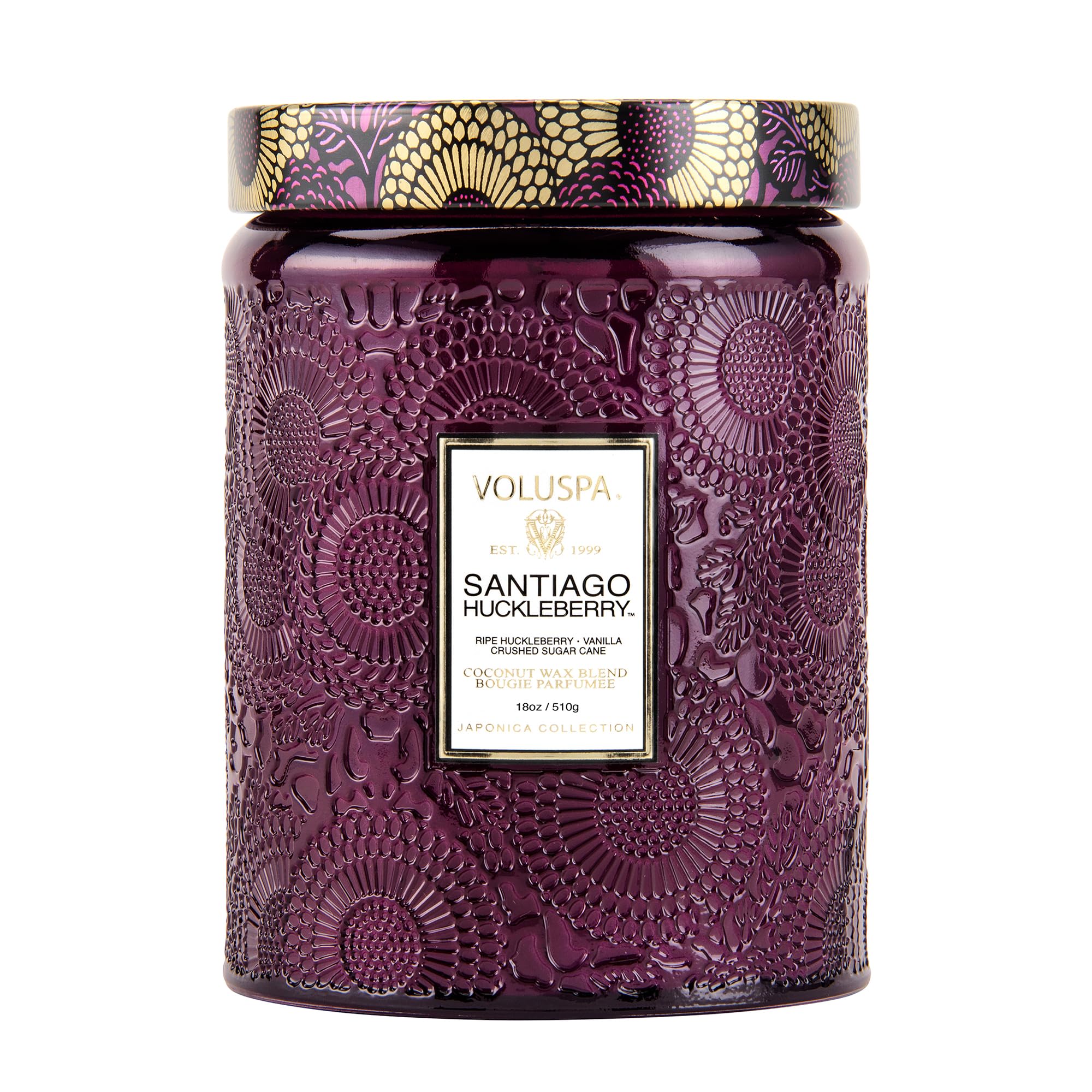 Voluspa Santiago Huckleberry, Large Candle Jar, 18 oz, 100 Hour Burn Time, Coconut Wax for Clean Burning, Handcrafted in the USA