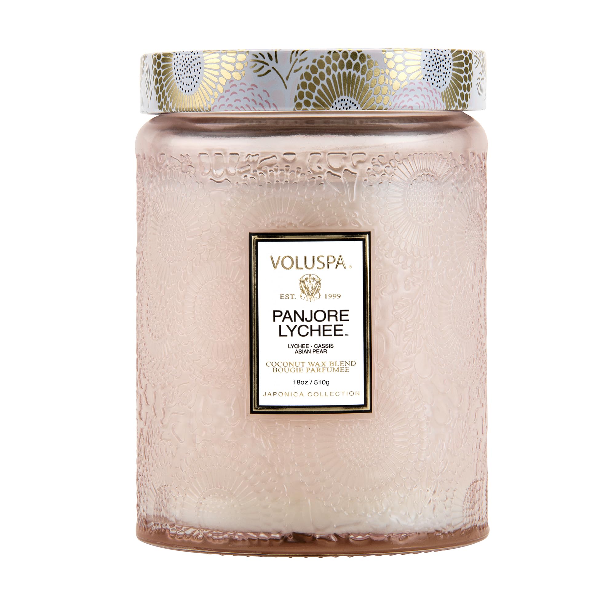 Voluspa Panjore Lychee, Large Candle Jar, 18 oz, 100 Hour Burn Time, Coconut Wax for Clean Burning, Handcrafted in the USA