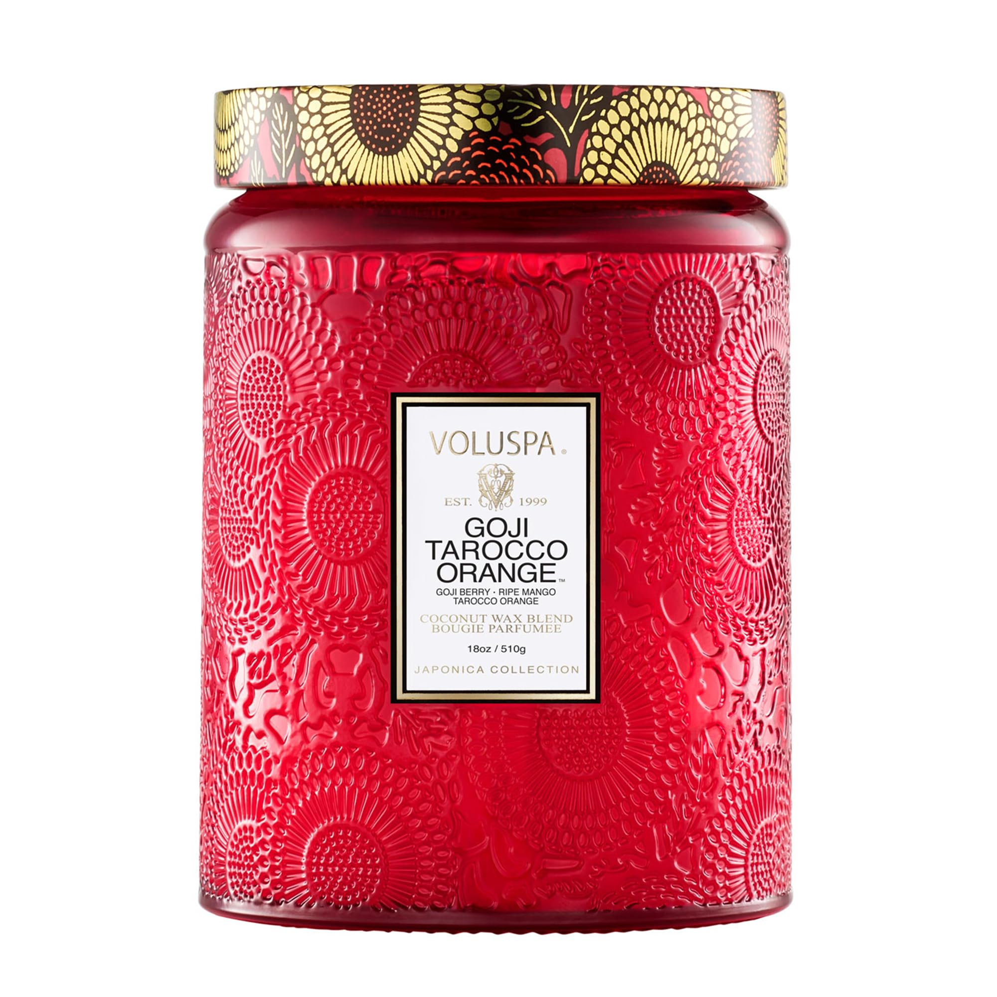 Voluspa Goji Tarocco Orange, Large Candle Jar, 18 oz, 100 Hour Burn Time, All Natural Wicks and Coconut Wax for Clean Burning, Vegan, Poured in the USA