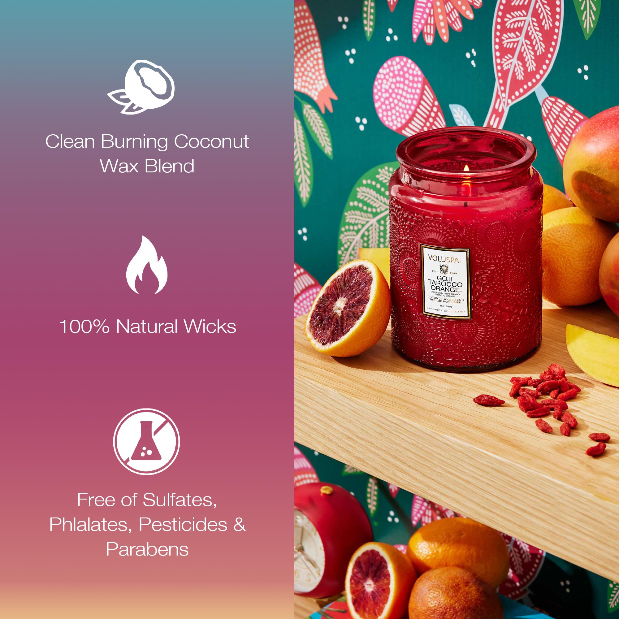 Voluspa Goji Tarocco Orange, Large Candle Jar, 18 oz, 100 Hour Burn Time, All Natural Wicks and Coconut Wax for Clean Burning, Vegan, Poured in the USA
