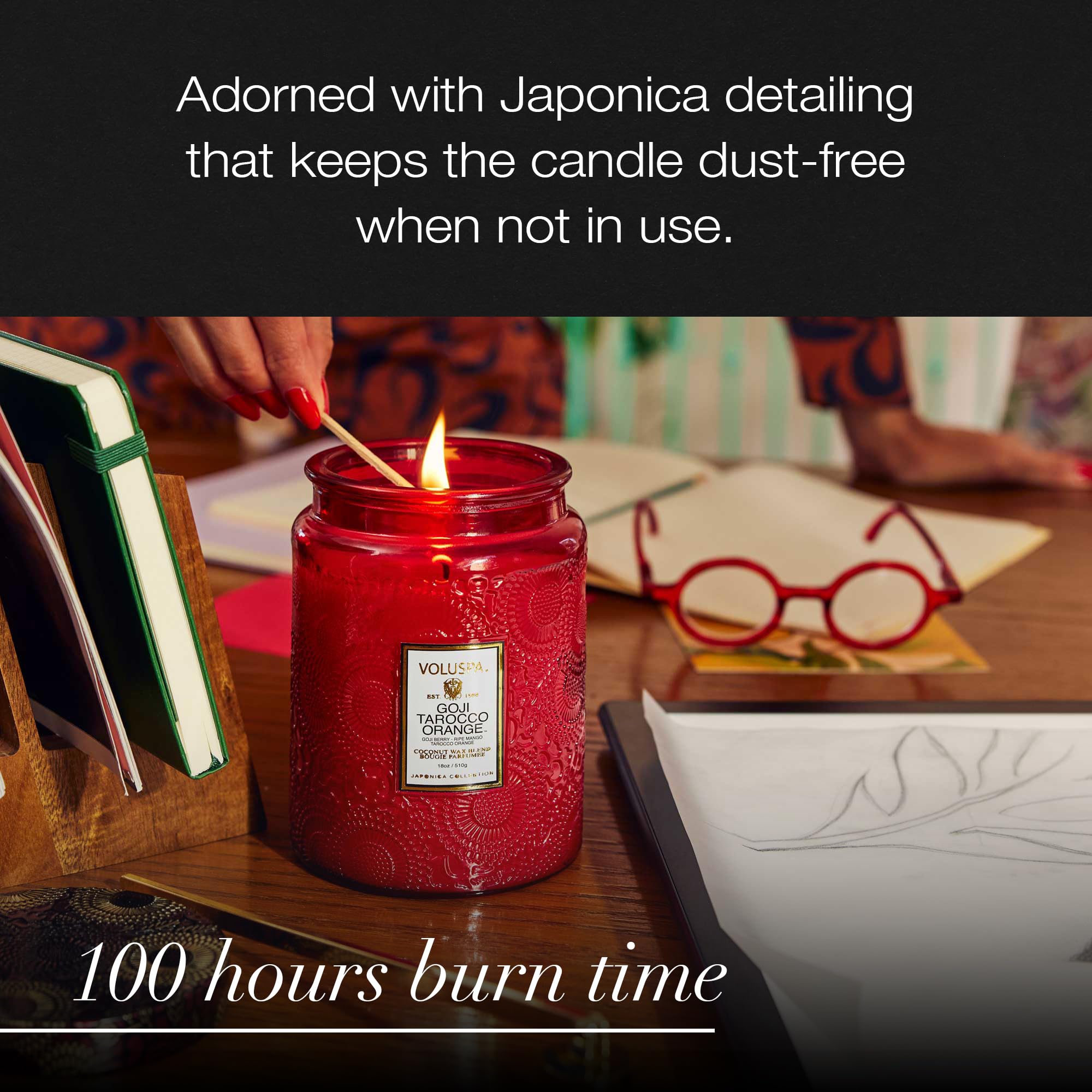 Voluspa Goji Tarocco Orange, Large Candle Jar, 18 oz, 100 Hour Burn Time, All Natural Wicks and Coconut Wax for Clean Burning, Vegan, Poured in the USA