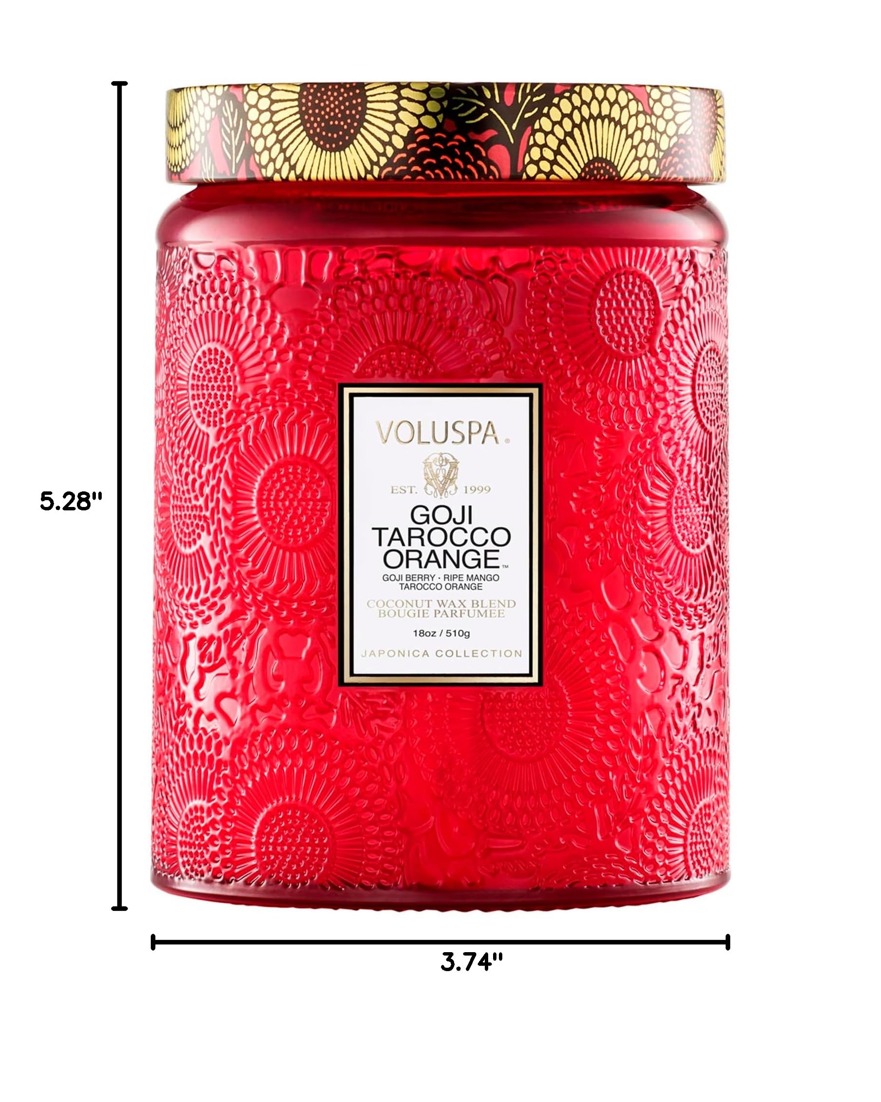 Voluspa Goji Tarocco Orange, Large Candle Jar, 18 oz, 100 Hour Burn Time, All Natural Wicks and Coconut Wax for Clean Burning, Vegan, Poured in the USA