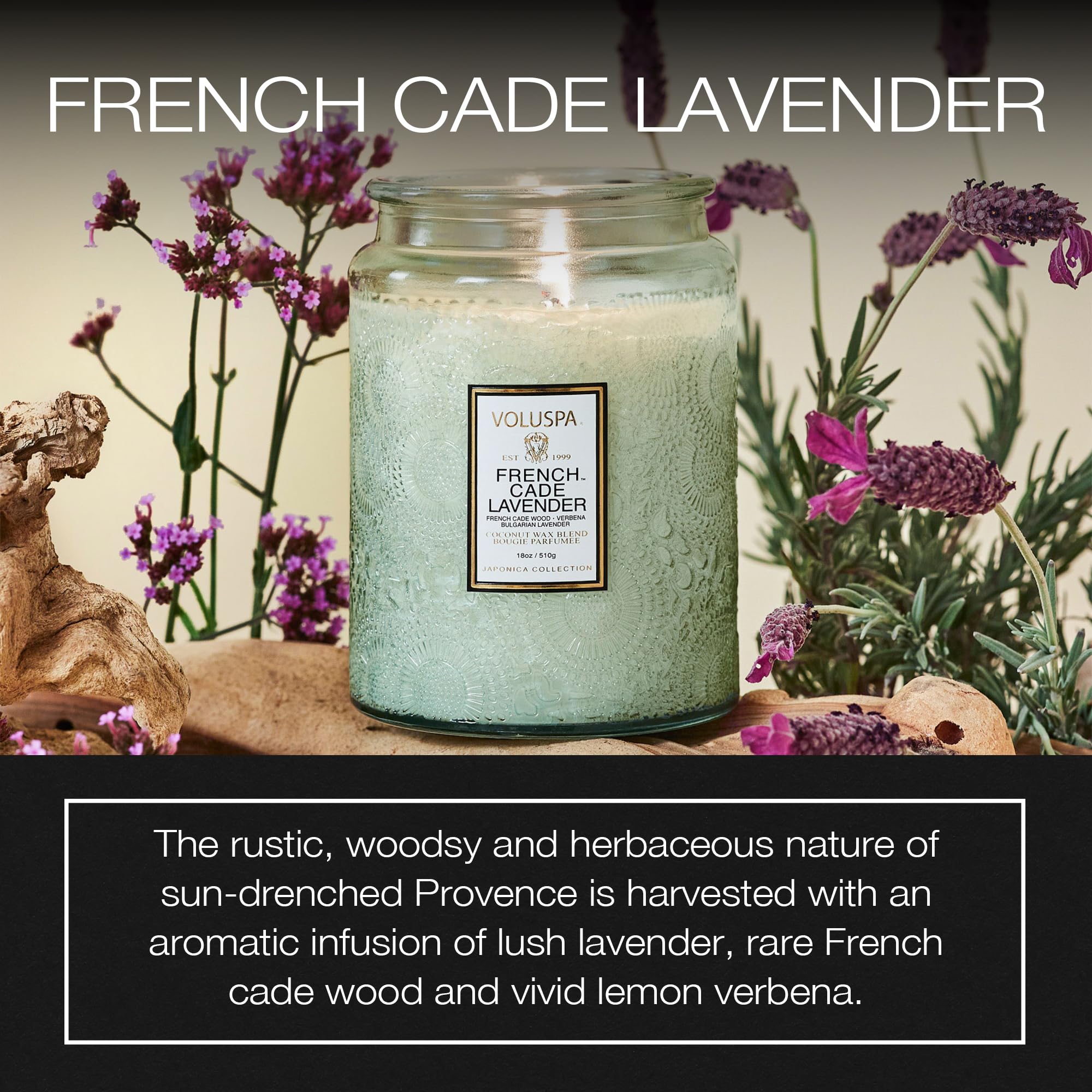 Voluspa French Cade Lavender Candle, 18 oz, Coconut Wax Blend, Scented Candles for Home, 100 Hour Burn Time, Candle Jars