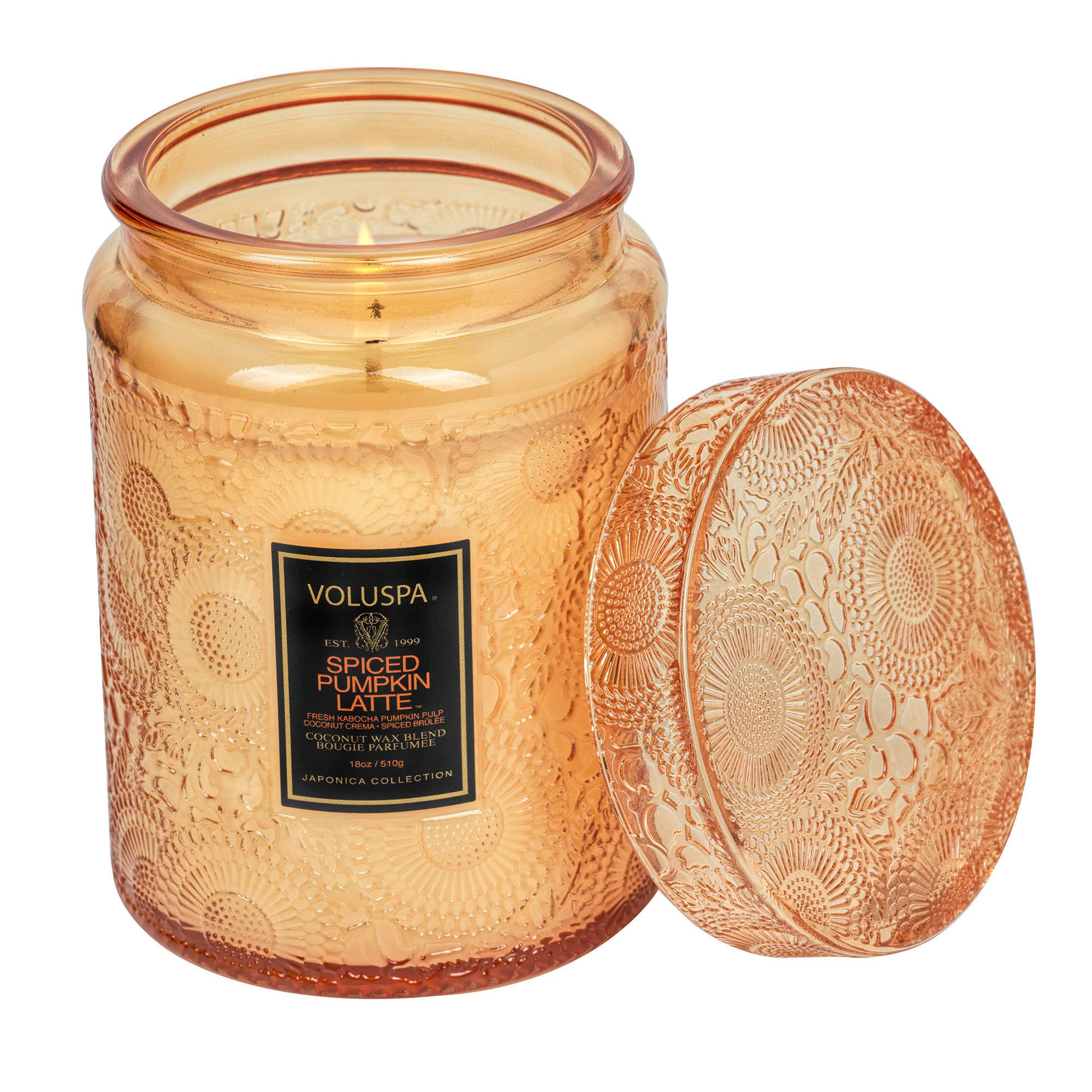 Voluspa Spiced Pumpkin Latte, Large Candle Jar, 18 Ounce, 100 Hour Burn Time, & Coconut Wax for Clean Burning, Handcrafted in the USA