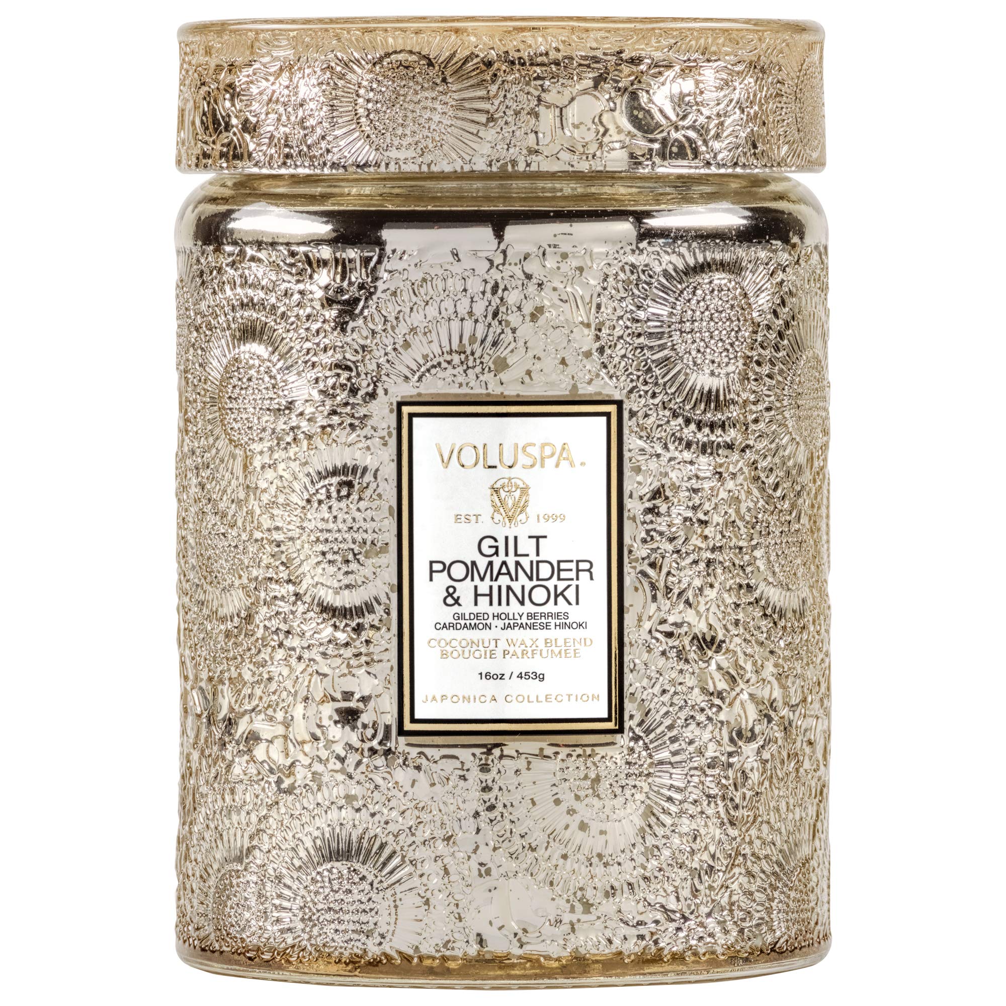 Voluspa Gilt Pomander Hinoki, Large Candle Jar, 18 oz, 100 Hour Burn Time, Coconut Wax for Clean Burning, Handcrafted in The USA