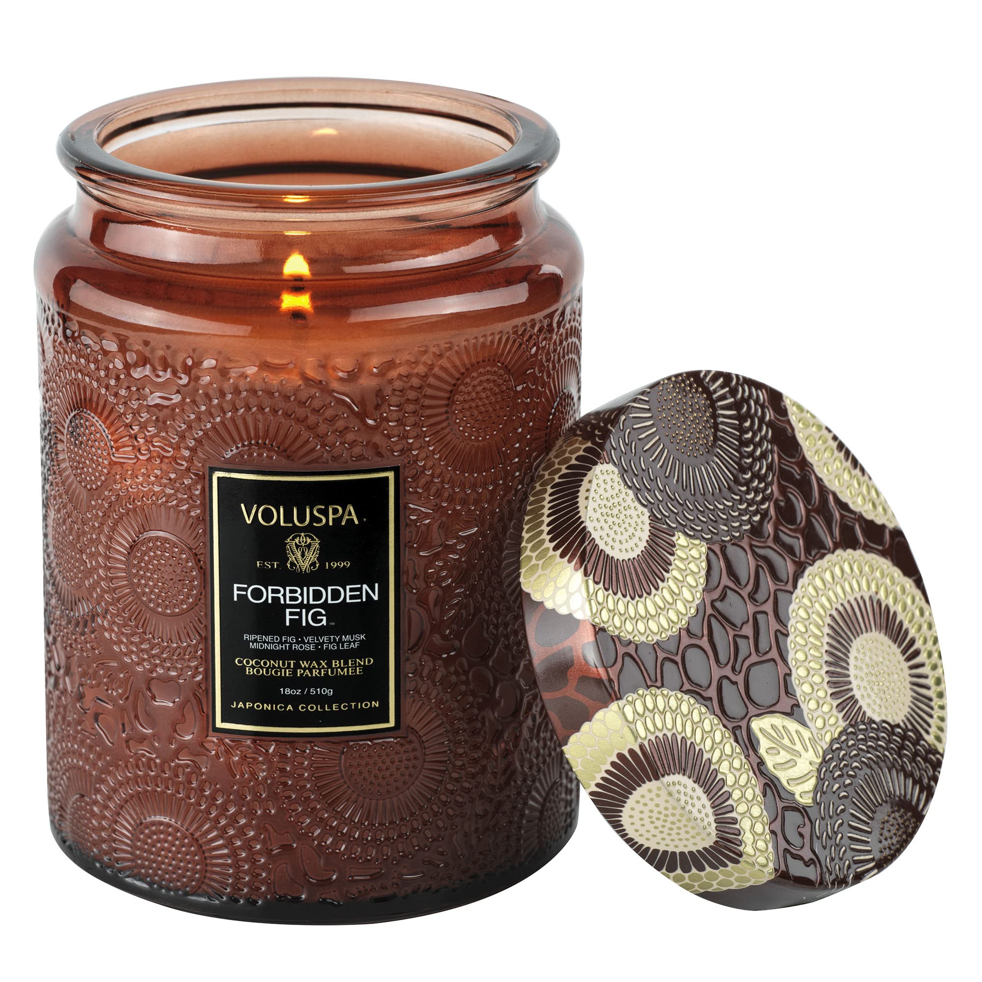 Voluspa Forbidden Fig, Large Candle Jar, 18 oz, 100 Hour Burn Time, Coconut Wax for Clean Burning, Handcrafted in the USA