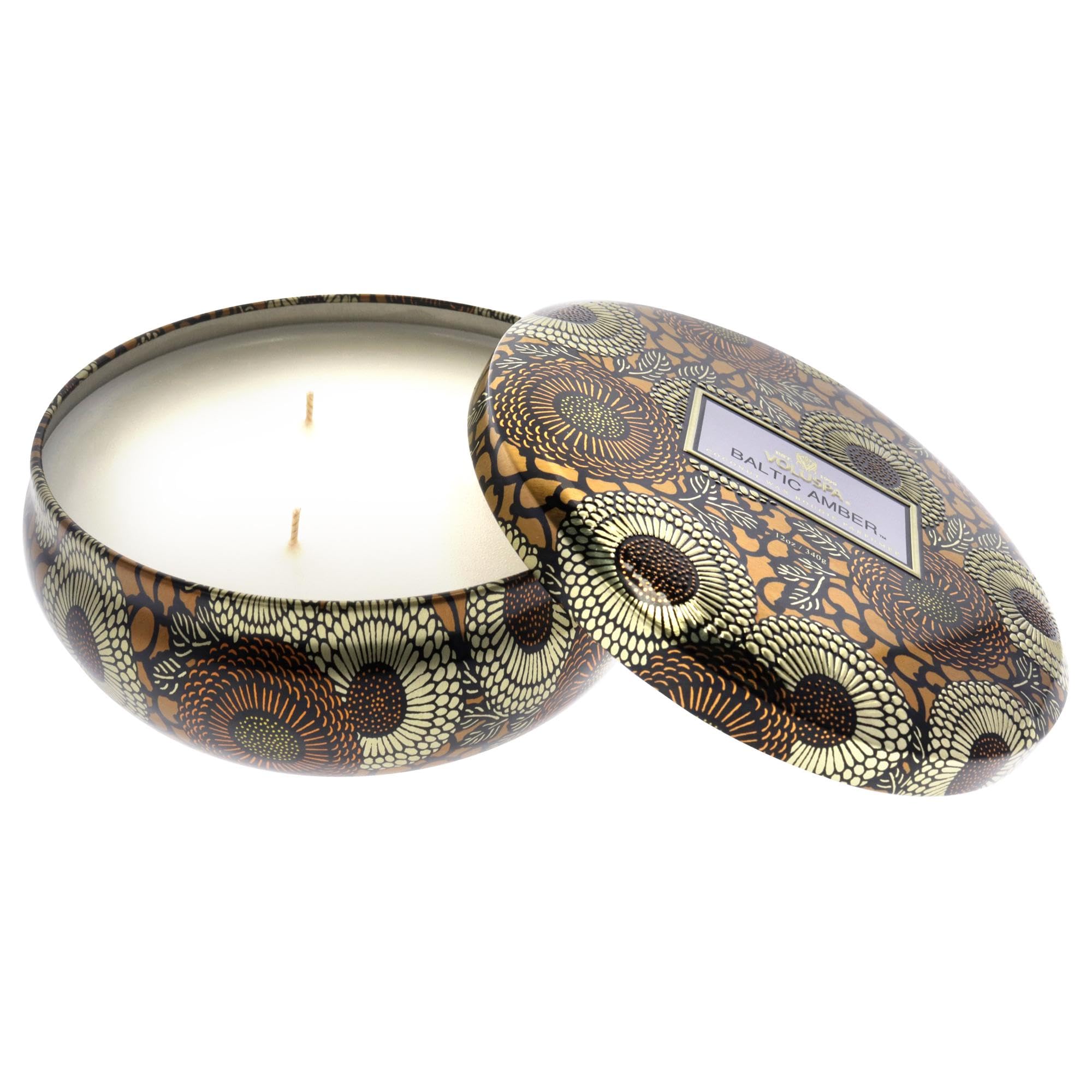 Voluspa Baltic Amber, Tin Candle 3 Wick Tin Candle, 12 oz, 40 Hours Burn Time, Coconut Wax for Clean Burning, Handcrafted in the USA