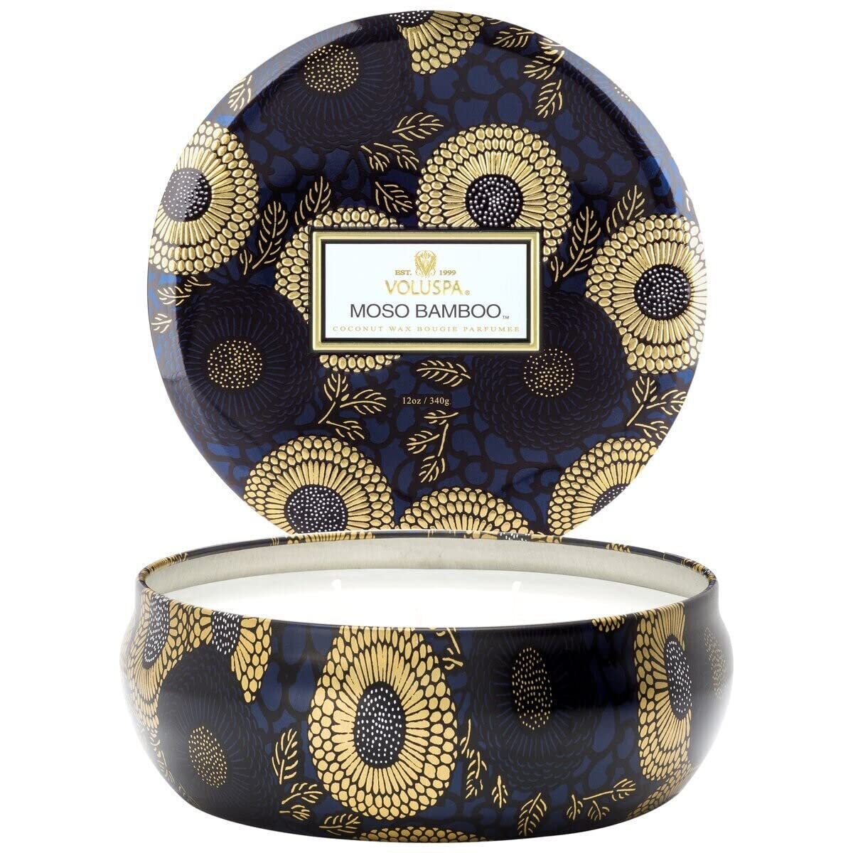 Voluspa Moso Bamboo, 3 Wick Tin Candle, 12 oz, 40 Hour Burn Time, Coconut Wax for Clean Burning, Handcrafted in the USA