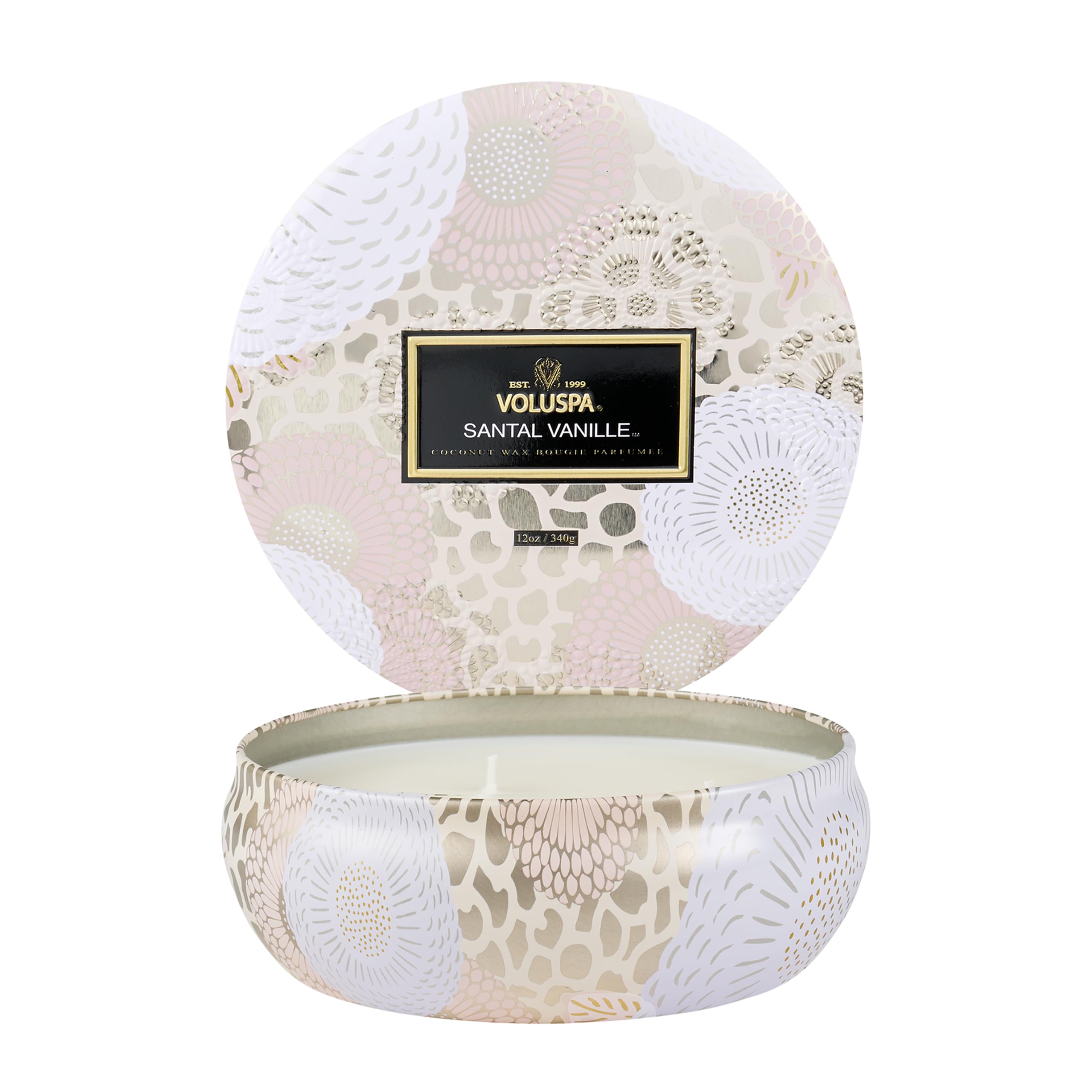 Voluspa Santal Vanille, 3 Wick Tin Candle, 12 oz, 40 Hour Burn Time, Coconut Wax for Clean Burning, Handcrafted in the USA