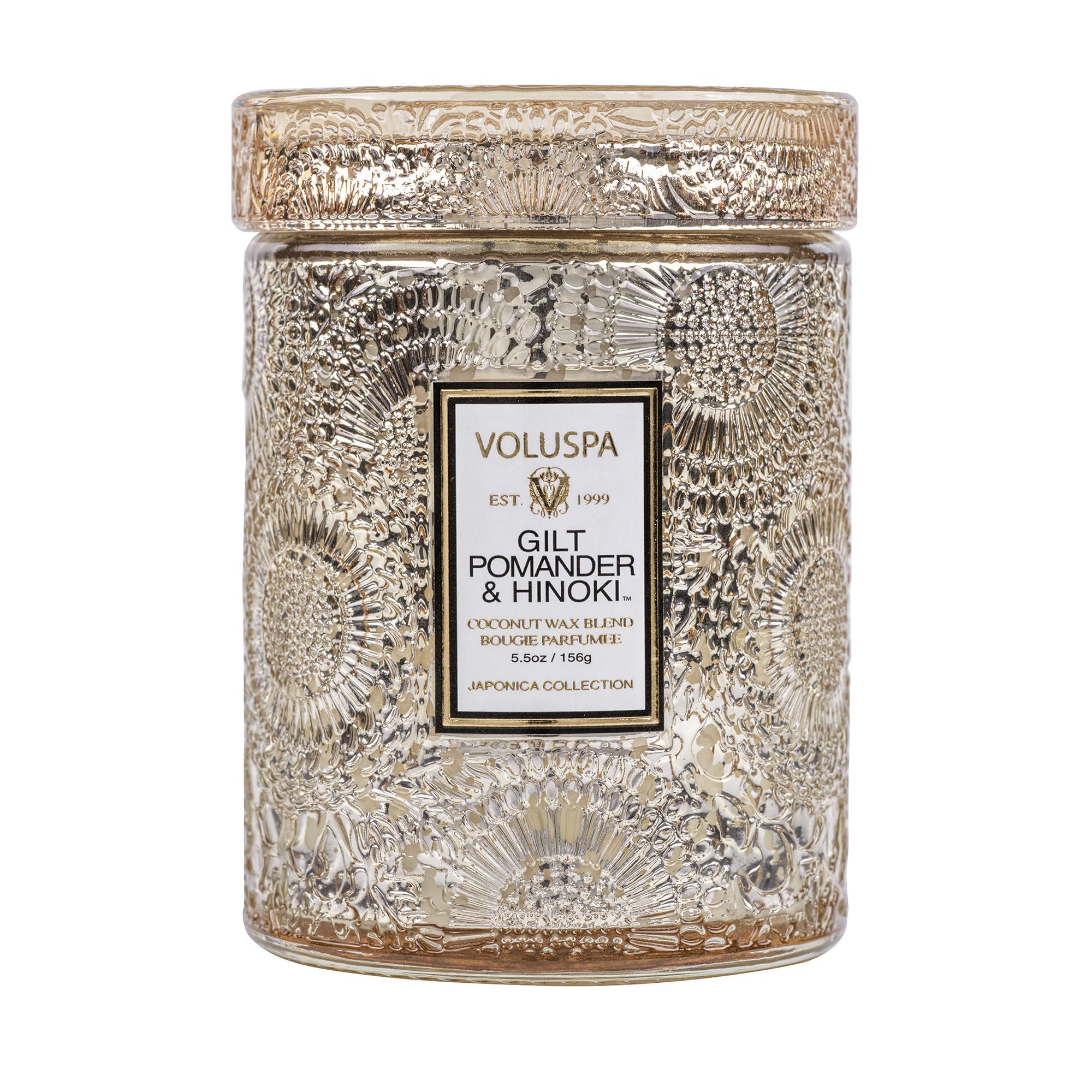 Voluspa Gilt Pomander Hinoki, Small Candle Jar, 5.5 Ounces, 50 Hour Burn Time, Coconut Wax for Clean Burning, Handcrafted in The USA