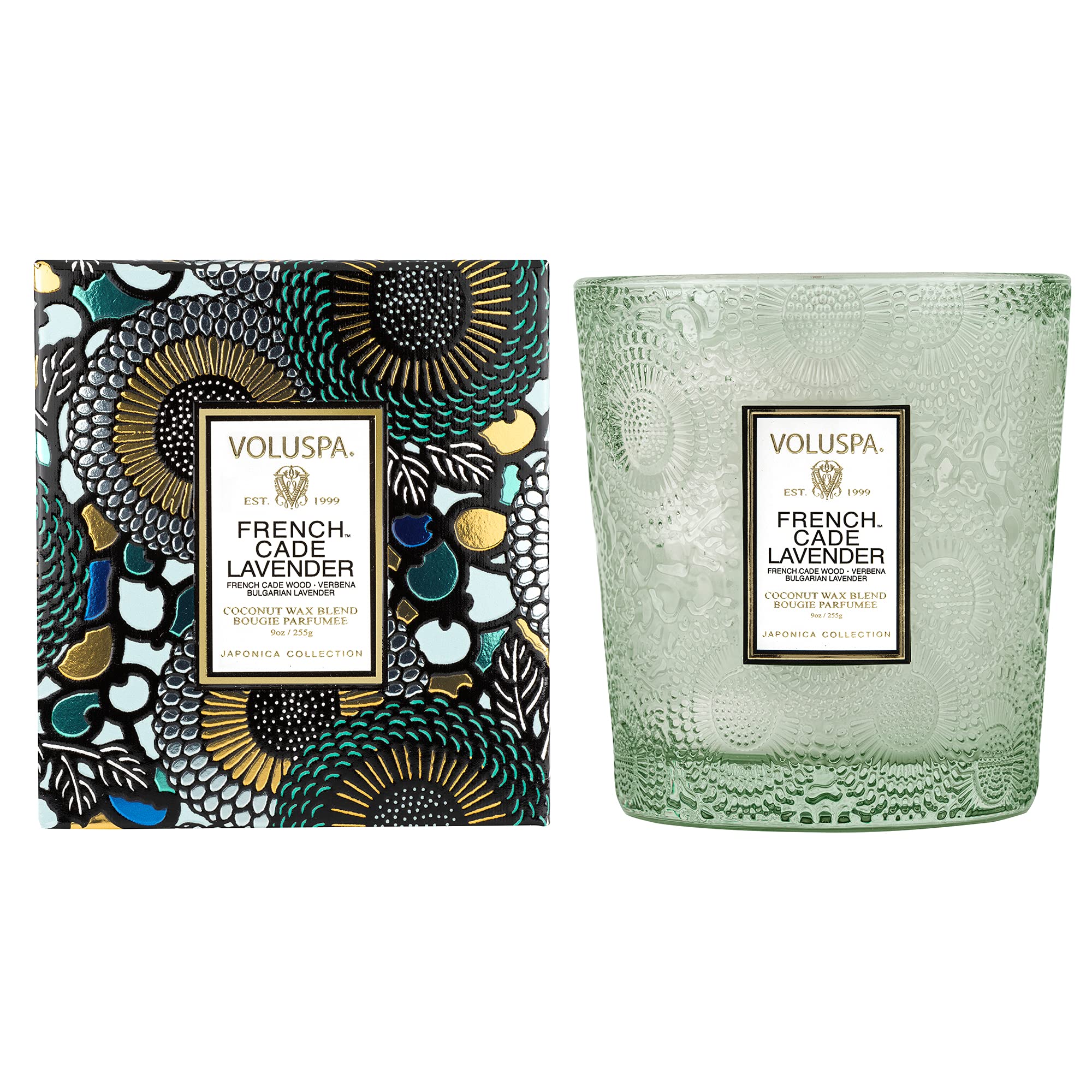 Voluspa French Cade Lavender, Classic Boxed Candle, 9 oz, 60 Hour Burn Time, Coconut Wax for Clean Burning, Handcrafted in The USA