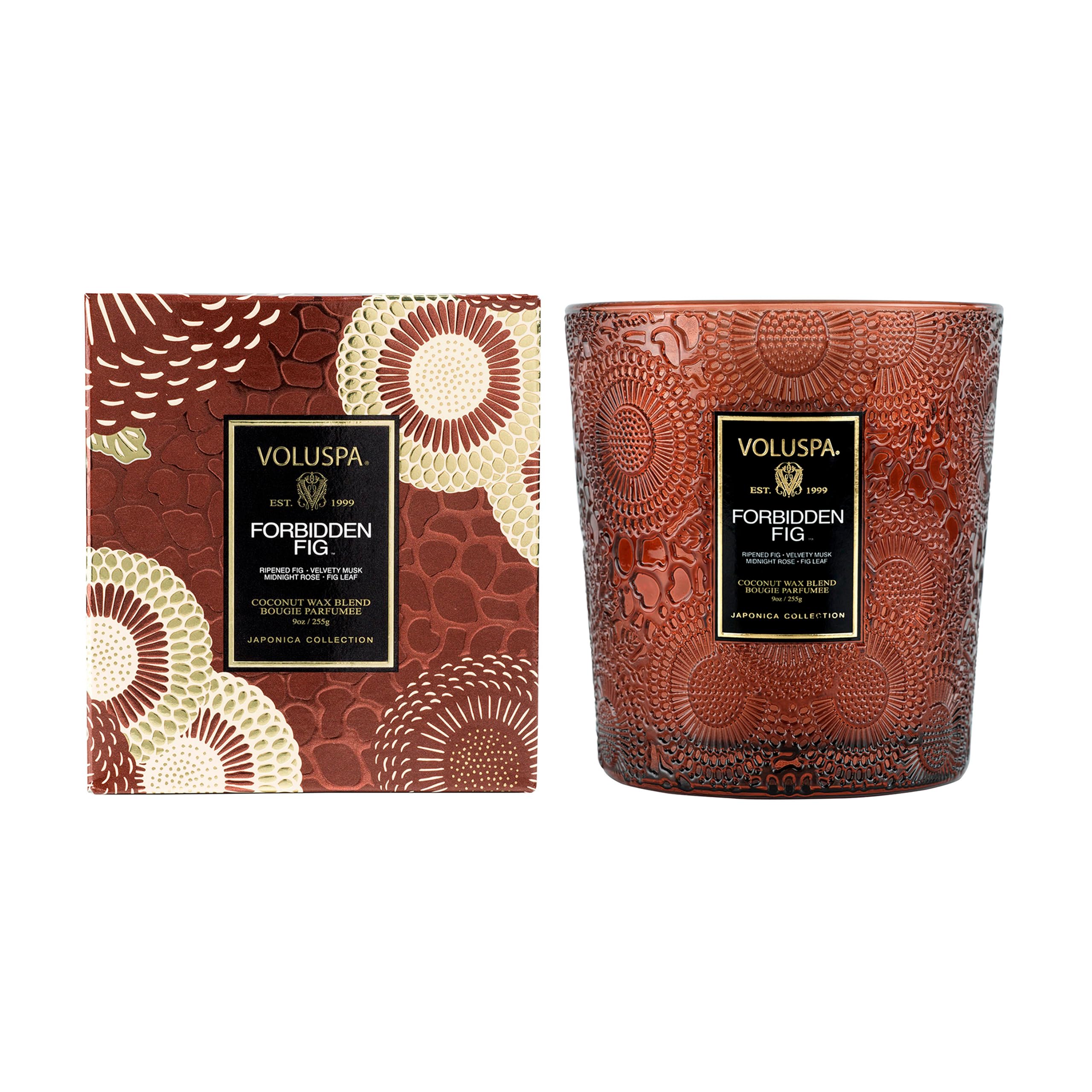 Voluspa Forbidden Fig, Classic Boxed Candle, 9 oz, 60 Hour Burn Time, Coconut Wax for Clean Burning, Handcrafted in The USA