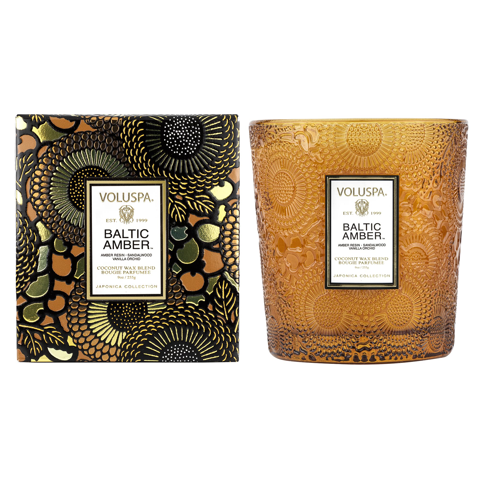 Voluspa Baltic Amber, Classic Boxed Candle, 9 oz, 60 Hour Burn Time, Coconut Wax for Clean Burning, Handcrafted in The USA